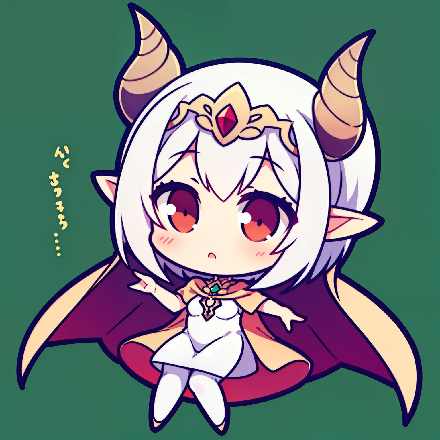 1girl,solo,20s,neutral face,light golden short dress,golden tiara,long cape,white hair,short hair,red eyes,elves ears,horns,white pantyhose,,chibi,full body,green background,playing a video game,slim body