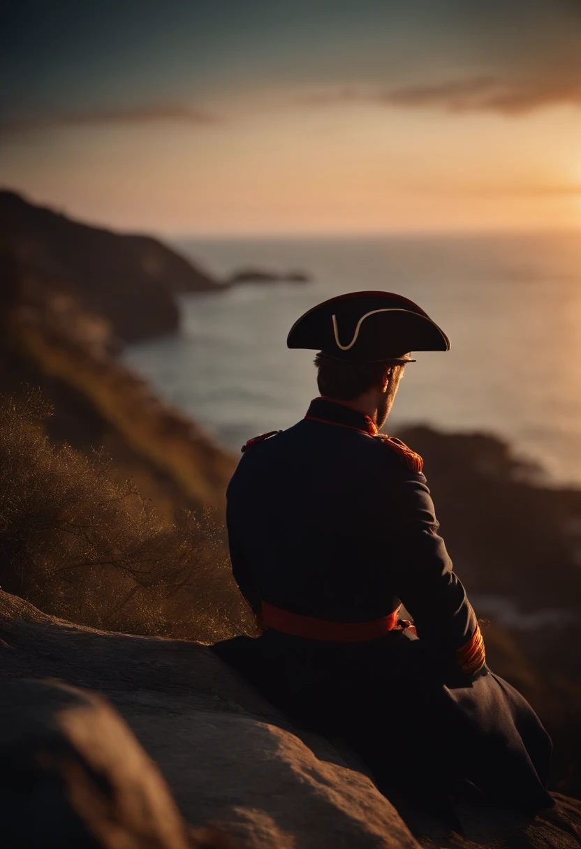 napoleon on a cliff next to ocean looking at the sunset while sitting on a rock