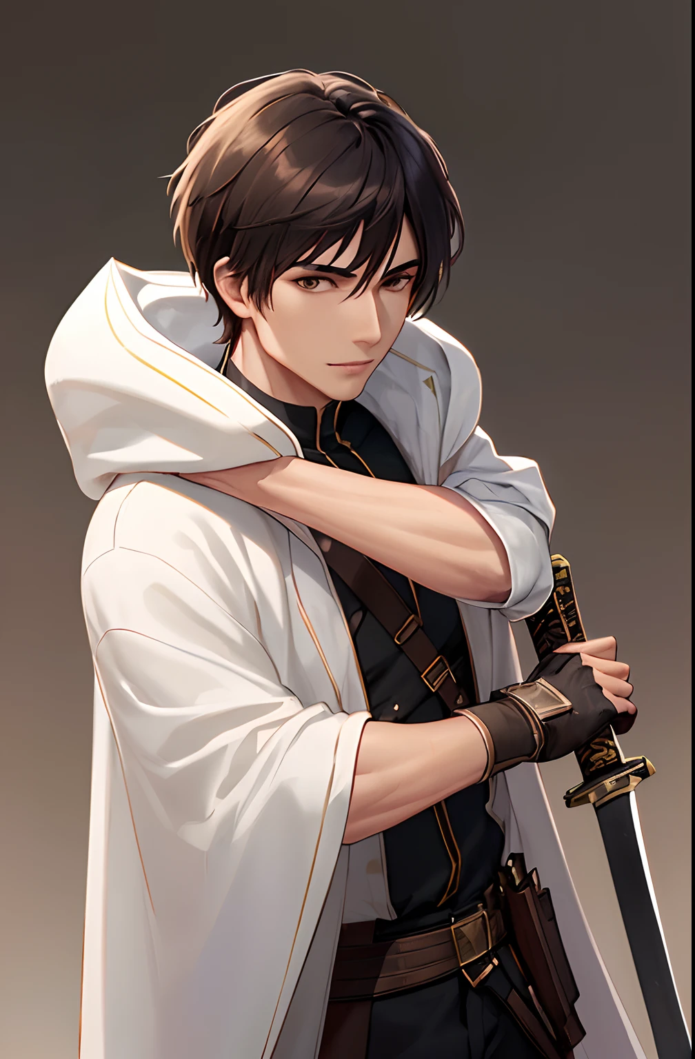 kk, best quality, more details, masterpiece, 1boy, male focus, solo, brown background, M, holding a katana, white assassin's cloak, brown eyes, short hair, black hair, smile, Looking at viewer, Luxury, 8k, Detail, ray tracing, Depth of field, Cinematic lighting, Simple brown lines, simplified.