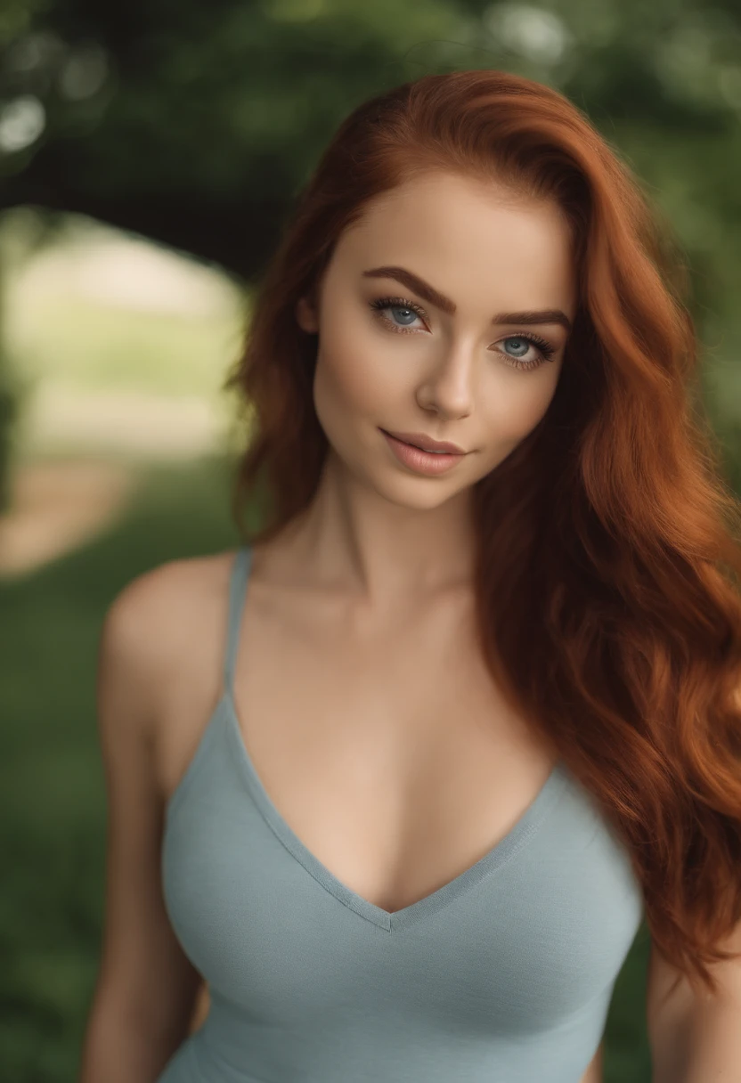 arafed woman with matching tank top and panties, sexy girl with blue eyes, portrait sophie mudd, red hair and large eyes, selfie of a young woman, bedroom eyes, violet myers, without makeup, natural makeup, looking directly at the camera, face with artgram, subtle makeup, stunning full body shot, huge cleavage, in the garden