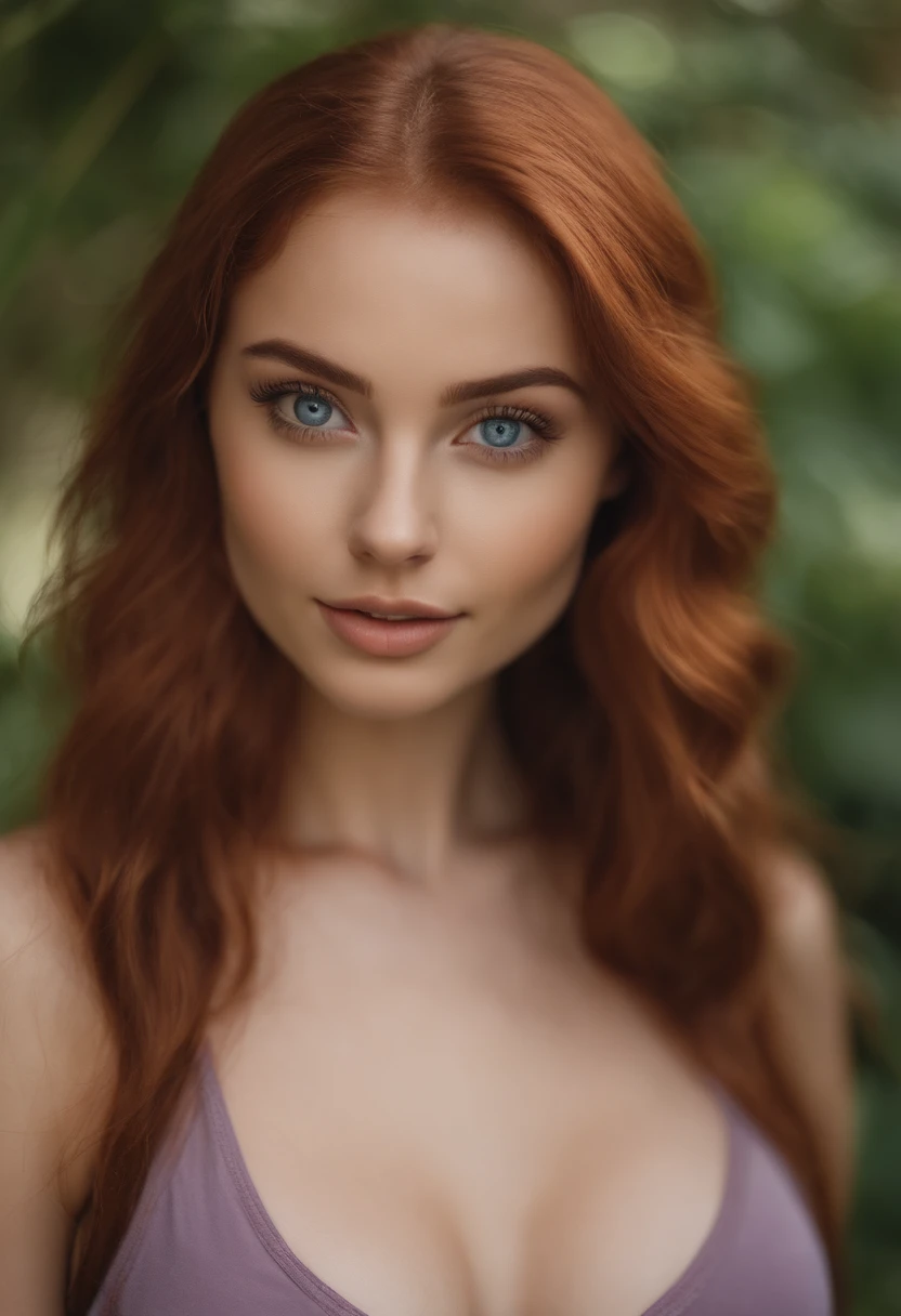 arafed woman with matching tank top and panties, sexy girl with blue eyes, portrait sophie mudd, red hair and large eyes, selfie of a young woman, bedroom eyes, violet myers, without makeup, natural makeup, looking directly at the camera, face with artgram, subtle makeup, stunning full body shot, huge cleavage, in the garden