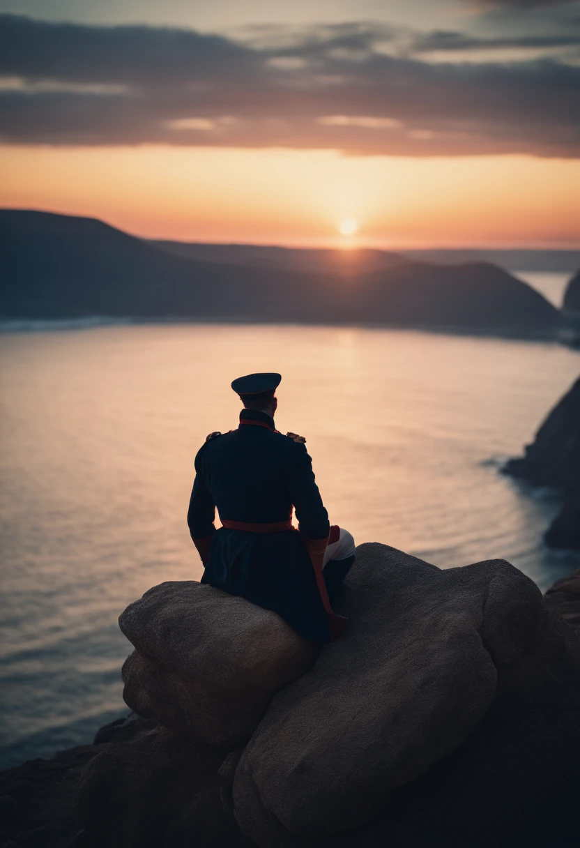 napoleon on a cliff next to ocean looking at the sunset while sitting on a rock