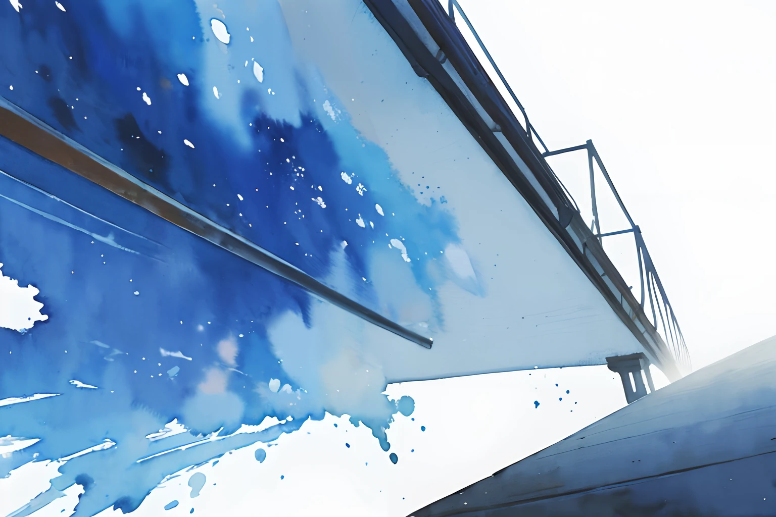 ((masutepiece)), (Professional Photography:1.2), (High Definition:1.3), Best Quality, (watercolor painting:1.3), from below, wide shot, urban sityscape, (simple white background:1.10), pale blue fine ink splashing, landscape