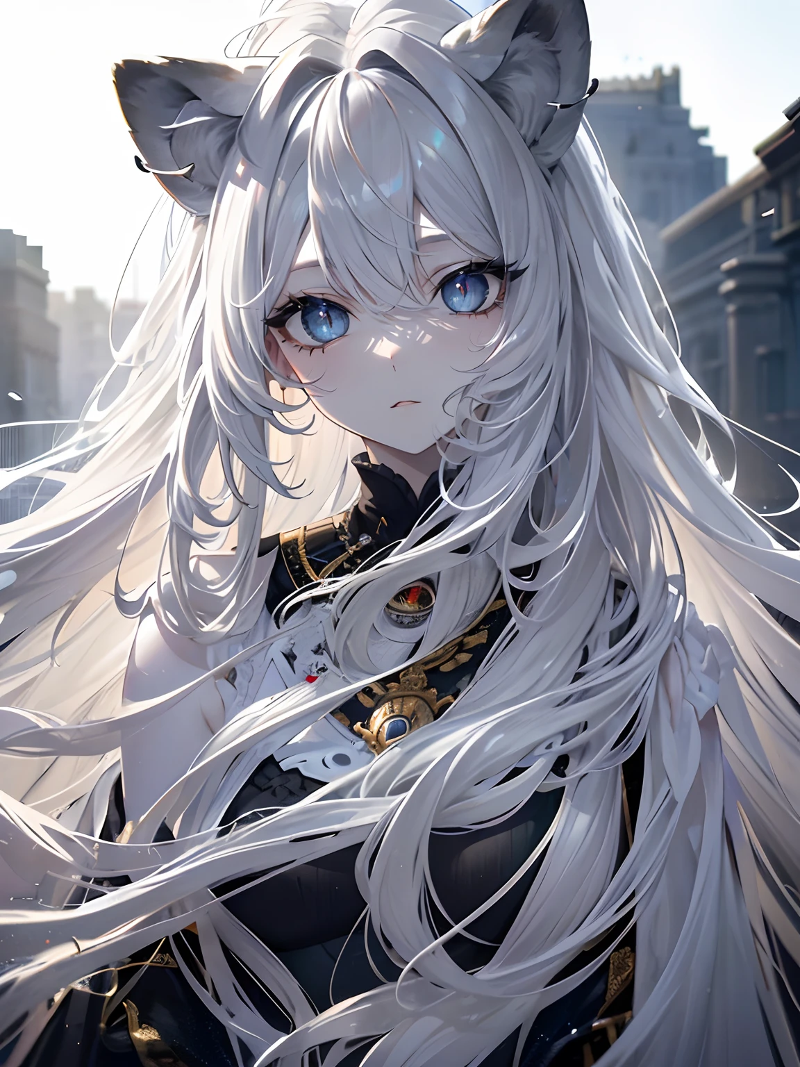 (Masterpiece, Best quality, ultra high resolution),1girl, grey hair,(mane, extremely long hair, very curly hair),lion ears,lion tail,(white skin, pale skin),beautiful and detailed face, detailed eyes,(grey theme),in the savanna,