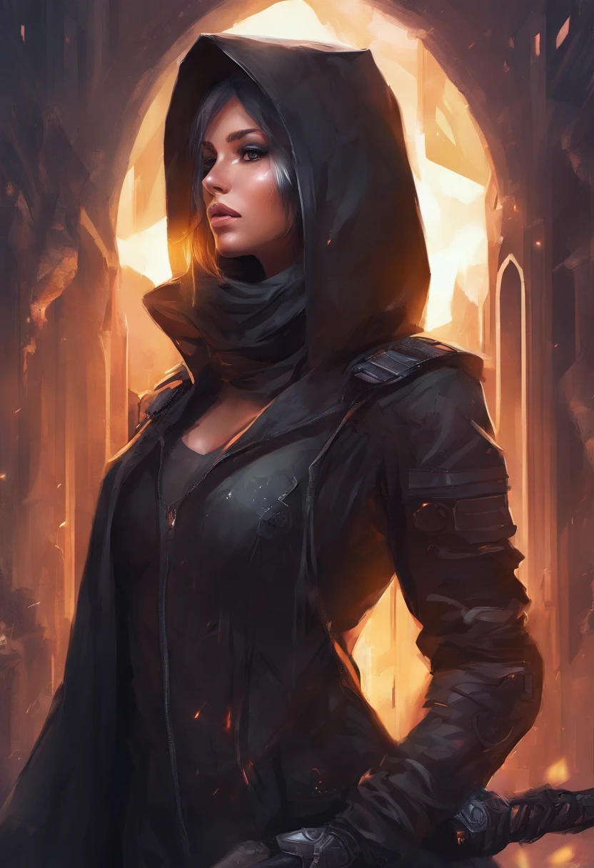 arafed woman in a black hooded jacket and hoodie with a knife, photograph of a techwear woman, cyberpunk nun warrior, all black cyberpunk clothes, beautiful female assassin, cyberpunk anime girl in hoodie, goth ninja, female assassin, cyberpunk assassin, wearing sci - fi cloak with hood, wearing cyberpunk streetwear, beautiful cyberpunk woman model, seductive cyberpunk dark fantasy, cyberpunk fashion clothing