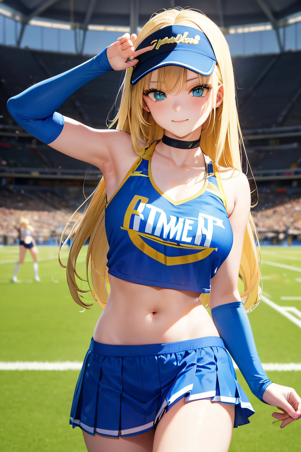 young girl 18 years old cheerleader, dressed in blue and white, blonde girl with green eyes, long hair, sensual style, on an American football field