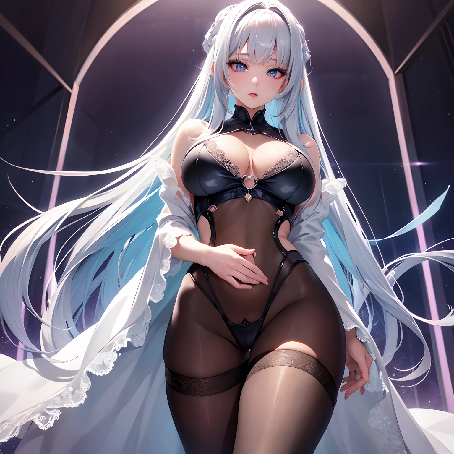 finest image, female, sexy, beautiful, cute, amorous expression, lewd expression, ecstasy, orgasm, light silver glossy braided bangs iridescent hair, emerald green sparkling big eyes, double eyelids, white anime style fluffy long eyelashes, red alluring moist big thick lips, medium breasts, abs, ass, perfect proportion, long thin legs, lace see-through robe, background top of the hill, professional lighting