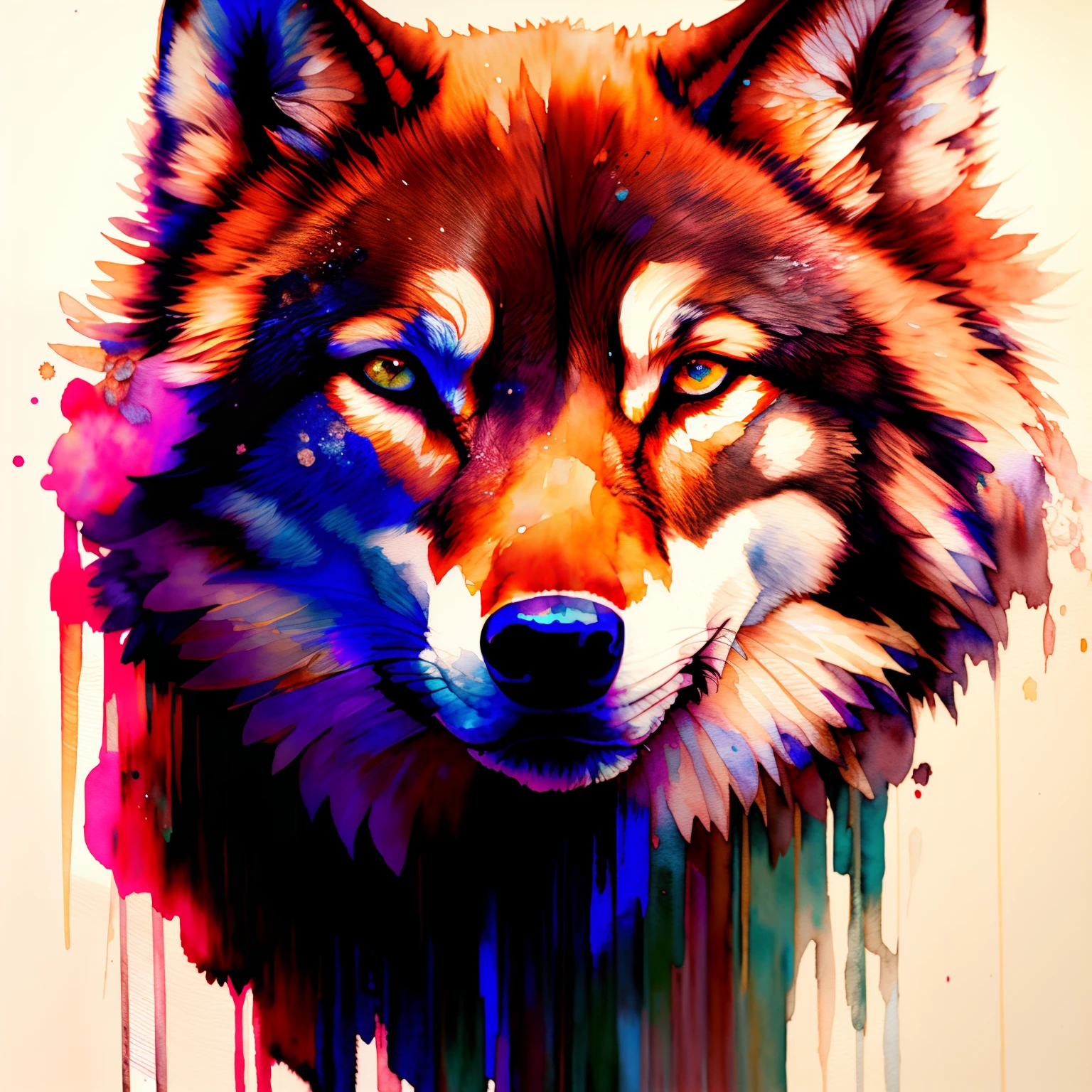 wtrcolor style, Digital art of (wolf character), official art, frontal, masterpiece, Beautiful, ((watercolor)), face paint, paint splatter, intricate details. Highly detailed, detailed eyes, [dripping:0.5], Trending on artstation, by Rachel Walker