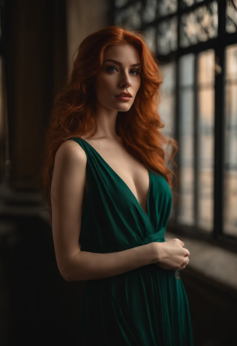 professionnel, (Photo 4K:1.1) par (Jeremy Lipking:0.3), (Dittmann Anna:0.3), (jiner:0.3), (mise au point nette:1.3), High detail, Porter (Chemise moulante:1.2), beautifull detailed face, An attractive woman with long red hair looks at the camera, resembling actress Katherine McNamara, Panasonic Lumix S Pro 50mm F/1.4, Anne Stokes, splash of color, dark orange and dark emerald, Ferrania P30, photo realist, (attractive young woman:1.3), (Seductive:1.1), (rougissant:1.1), Forme du corps du sablier, Gros seins ronds, hanches larges, in the background city