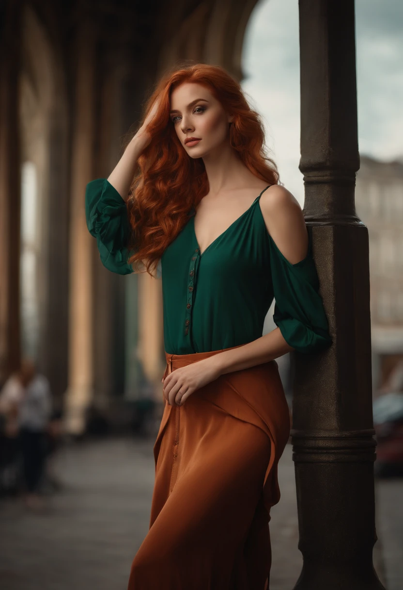 professionnel, (Photo 4K:1.1) par (Jeremy Lipking:0.3), (Dittmann Anna:0.3), (jiner:0.3), (mise au point nette:1.3), High detail, Porter (Chemise moulante:1.2), beautifull detailed face, An attractive woman with long red hair looks at the camera, resembling actress Katherine McNamara, Panasonic Lumix S Pro 50mm F/1.4, Anne Stokes, splash of color, dark orange and dark emerald, Ferrania P30, photo realist, (attractive young woman:1.3), (Seductive:1.1), (rougissant:1.1), Forme du corps du sablier, Gros seins ronds, hanches larges, in the background city