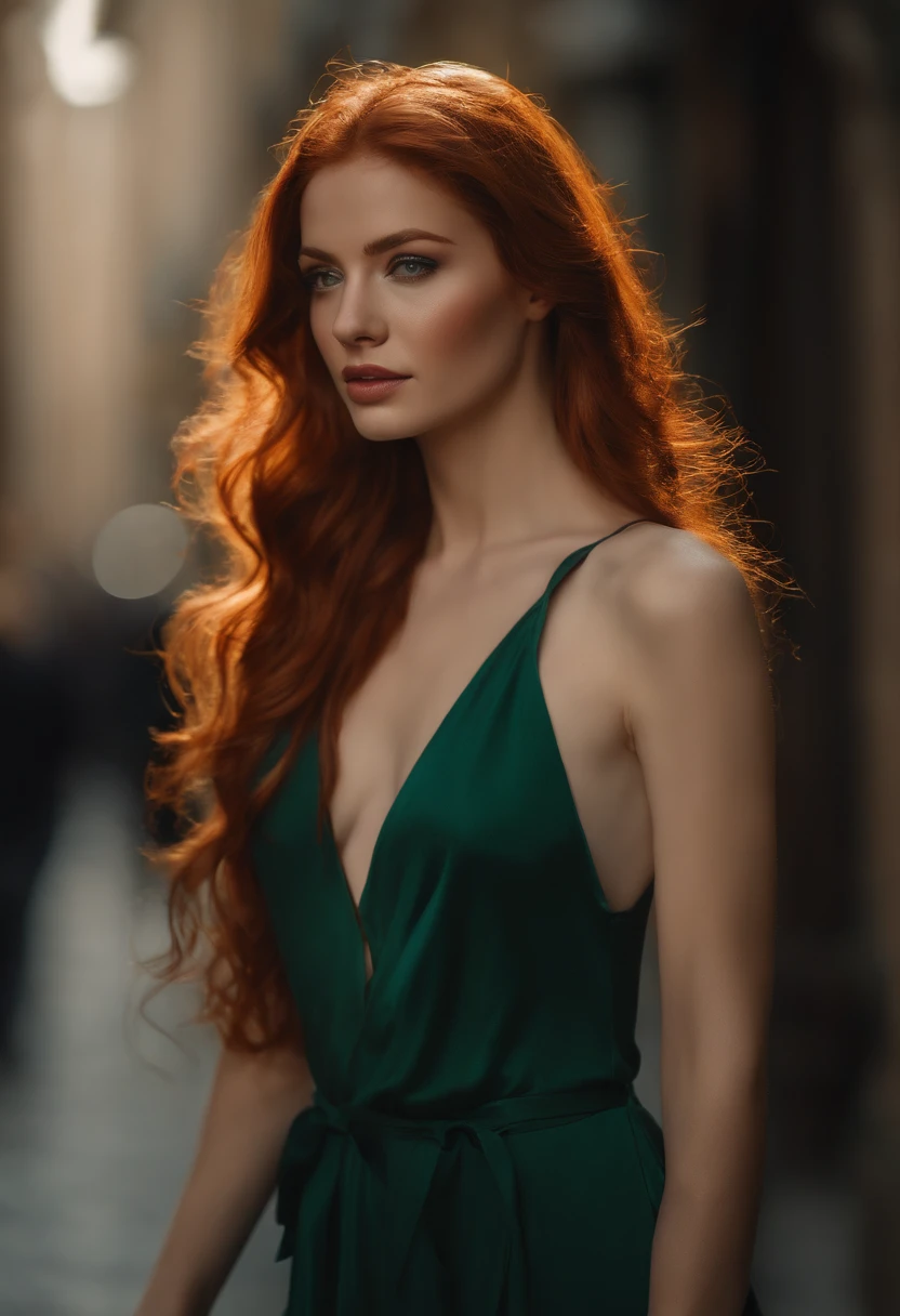 professionnel, (Photo 4K:1.1) par (Jeremy Lipking:0.3), (Dittmann Anna:0.3), (jiner:0.3), (mise au point nette:1.3), High detail, Porter (Chemise moulante:1.2), beautifull detailed face, An attractive woman with long red hair looks at the camera, resembling actress Katherine McNamara, Panasonic Lumix S Pro 50mm F/1.4, Anne Stokes, splash of color, dark orange and dark emerald, Ferrania P30, photo realist, (attractive young woman:1.3), (Seductive:1.1), (rougissant:1.1), Forme du corps du sablier, Gros seins ronds, hanches larges, in the background city