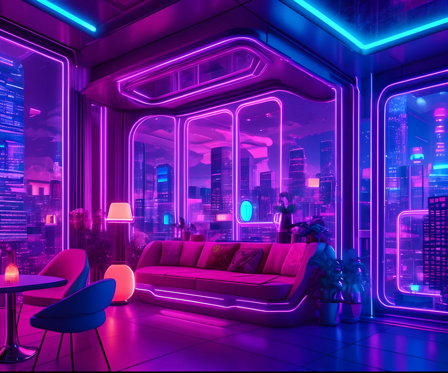 ((Masterpiece)), (Ultra-detailed), (Intricate details), (High-resolution 8k CGI images), Create an image of a little Cyberpunk (coffee shop) Retro-futuristic and realistic vaporwave overnight. One of the walls should have a large window with a, Colorful and detailed cityscape (Cyberpunk), Synthwave, neon light. La ville doit avoir un style futuriste avec beaucoup de couleurs, neons, Signs and buildings of different sizes. The cityscape must be extremely detailed with depth of field. The city should have a lot of visual interest with lots of small details. Use lighting and mood to create depth and evoke the feeling of a futuristic city animated by the window. Pay close attention to intricate details, Yeux de location, and the details of the room from the 90s. camera: Large photo showing bed or table and window. The window must be the focal point of the image. lighting: Using atmospheric and volumetric lighting to improve the details of the cityscape. The room must be illuminated by the neon lights of the urban landscape.