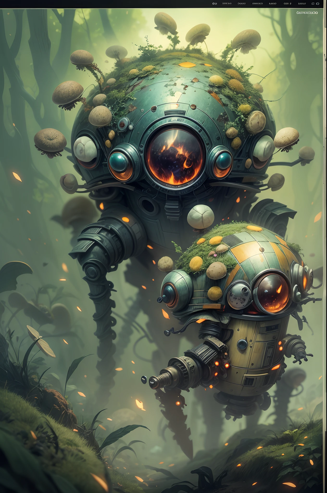 cute big eyes translucent green mushroom droids floting ant mite,virus fight the droids,by Daniel Merriam, Nikolina Petolas, Peter Gric, Dariusz Klimcza full colors, hair backlighting, back lighting, volumetric lighting, 8K, perfect eyes, perfect pupils, expressive eyes, hands by Albrecht Durer, smoke, particle fx, mist, fog, fire, explosions, debris,