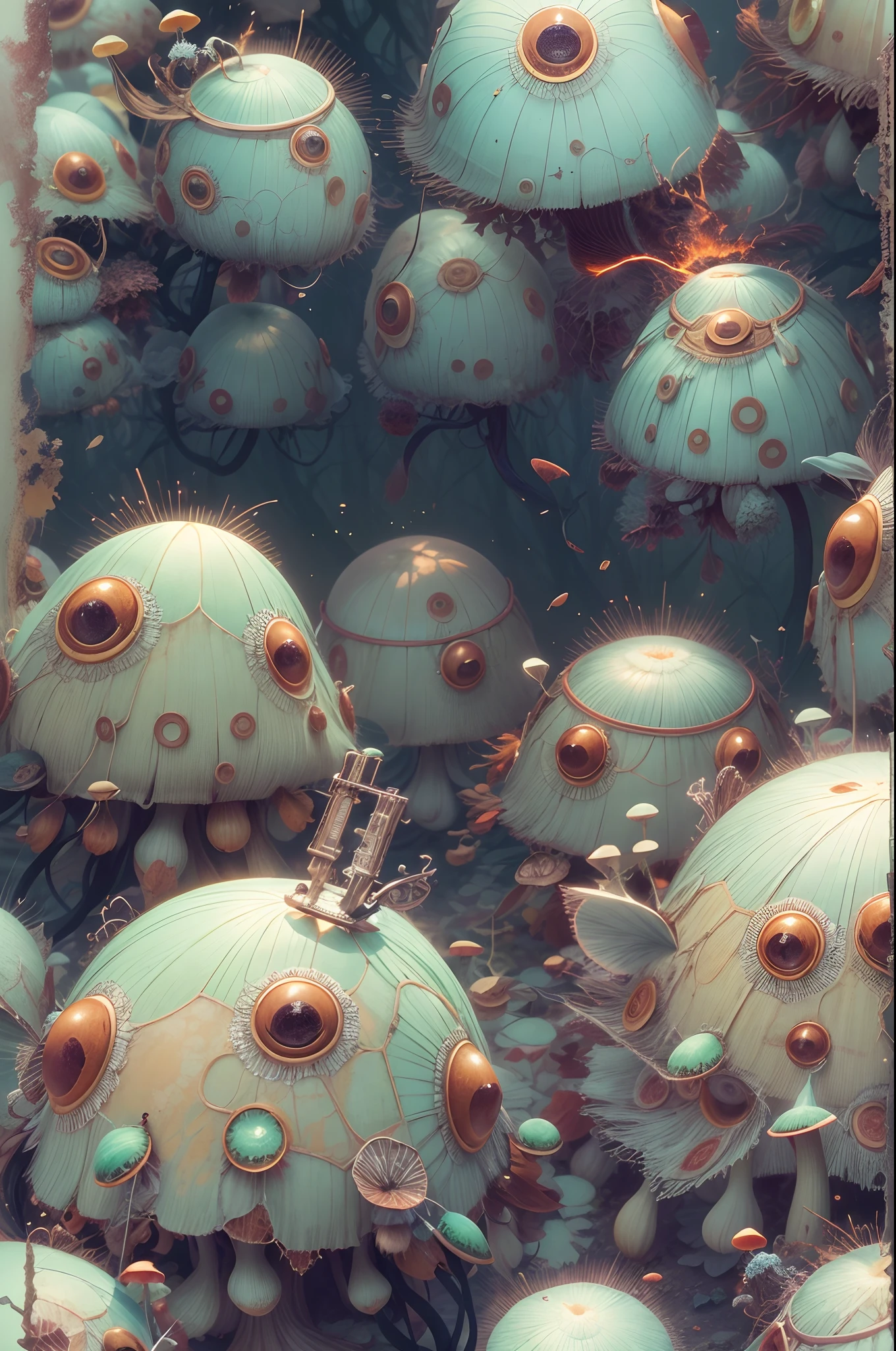 cute big eyes translucent green mushroom droids floting ant mite,virus fight the droids,by Daniel Merriam, Nikolina Petolas, Peter Gric, Dariusz Klimcza full colors, hair backlighting, back lighting, volumetric lighting, 8K, perfect eyes, perfect pupils, expressive eyes, hands by Albrecht Durer, smoke, particle fx, mist, fog, fire, explosions, debris,