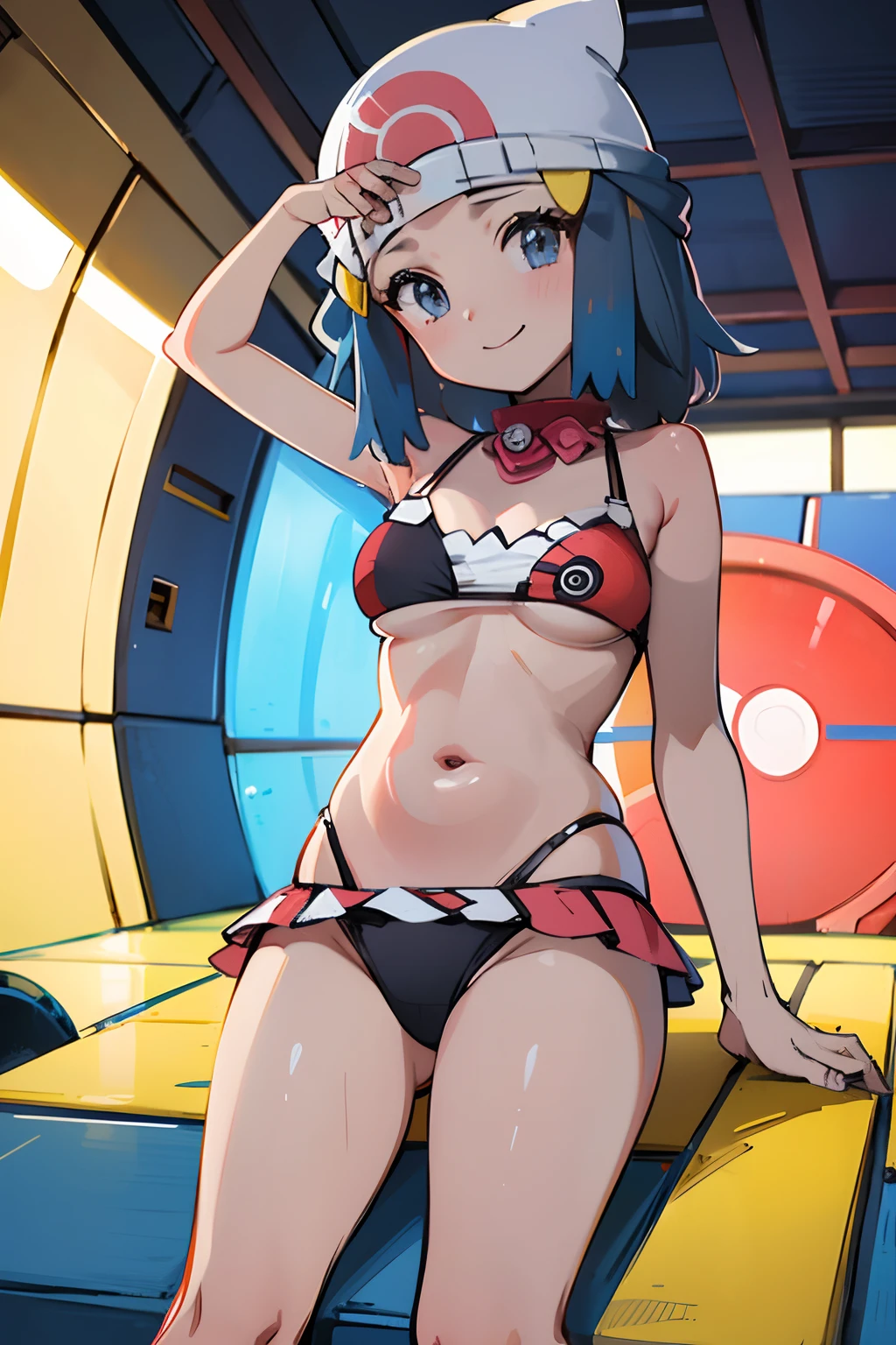 , ((Acostada)) echada bikini (dawn) (medium breasts)) ((medium Dinners)) (li) ((pokeballs)) ((pokebola))(gorro) cute smile