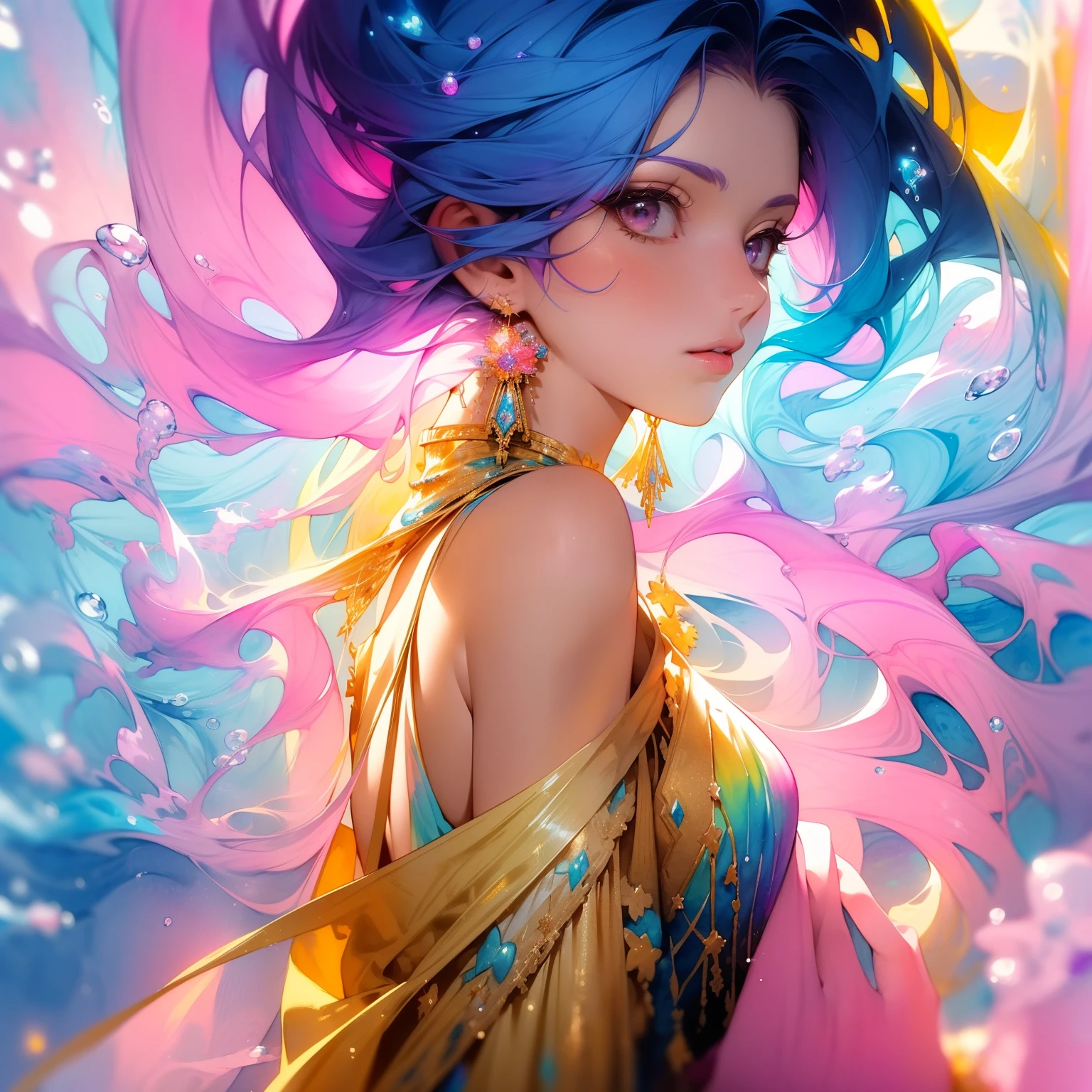 (masterpiece, top quality, best quality,watercolor (medium),official art, beautiful and aesthetic:1.2),(1girl:1.3), (fractal art:1.3),upper body, from side, looking at viewer,patterns,(rainbow color Hair,colorful hair,half blue and half pink hair:1.2),water,liquid, cloud,colorful, starry,stars,