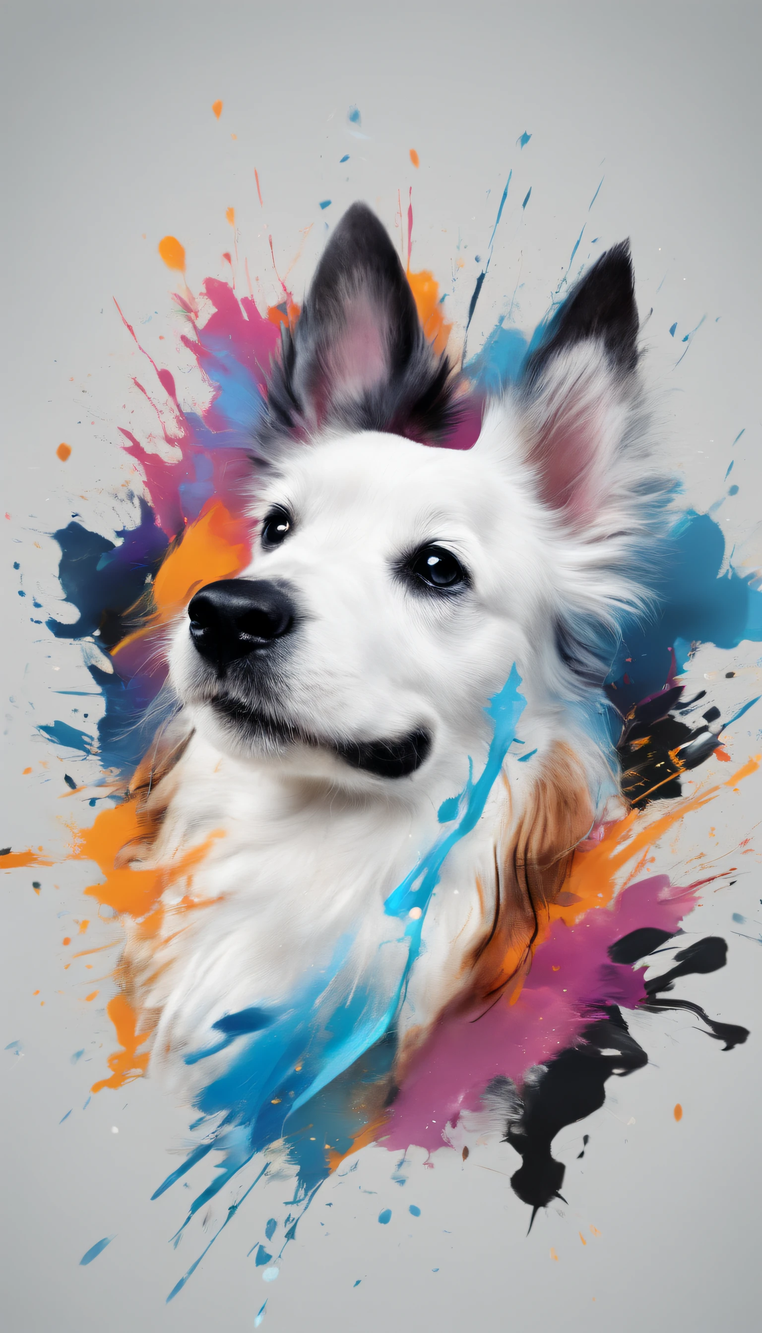 Splash art um lindo cachorrinho preto e um gatinnho branco, in an explosion of colors, fundo azul cintilante, rugindo impresso em uma camiseta branca, em cores claras altamente detalhadas, fotorrealistas, intrincadas, cinematografica e ultra detalho e ultra realista em 8k.