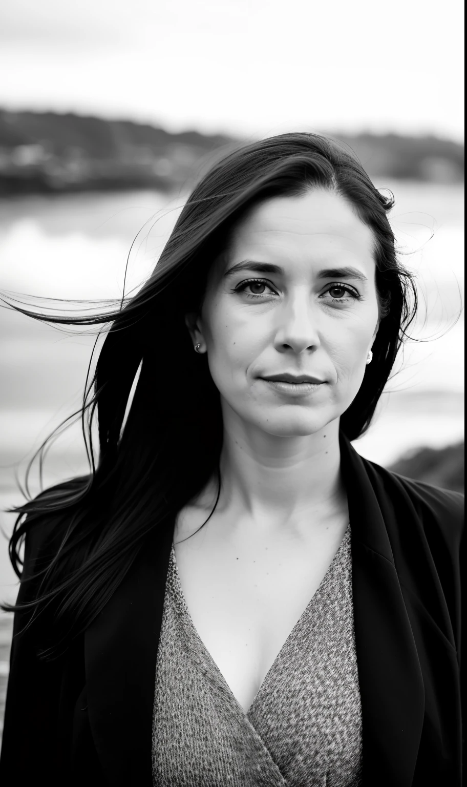 b&w photo of 42 y.o woman in black clothes, half body, body, high detailed skin, skin pores, coastline, overcast weather, wind, waves, 8k uhd, dslr, soft lighting, high quality, film grain, Fujifilm XT3