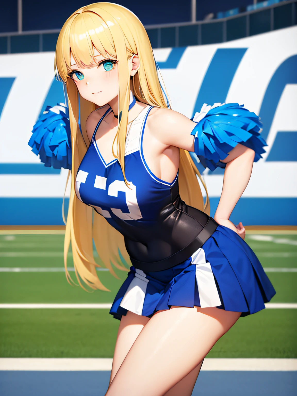 anime artwork, score_9, score_8_up, score_7_up, score_6_up, score_5_up, score_4_up, Mount Lady, blonde hair, purple eyes, big breasts, she is 24 years old, style_3, ,,,  , , ,grey background , _, standing, cheerleader, skirt. underboob, u.a. cheerleader uniform, orange top, orange skirt