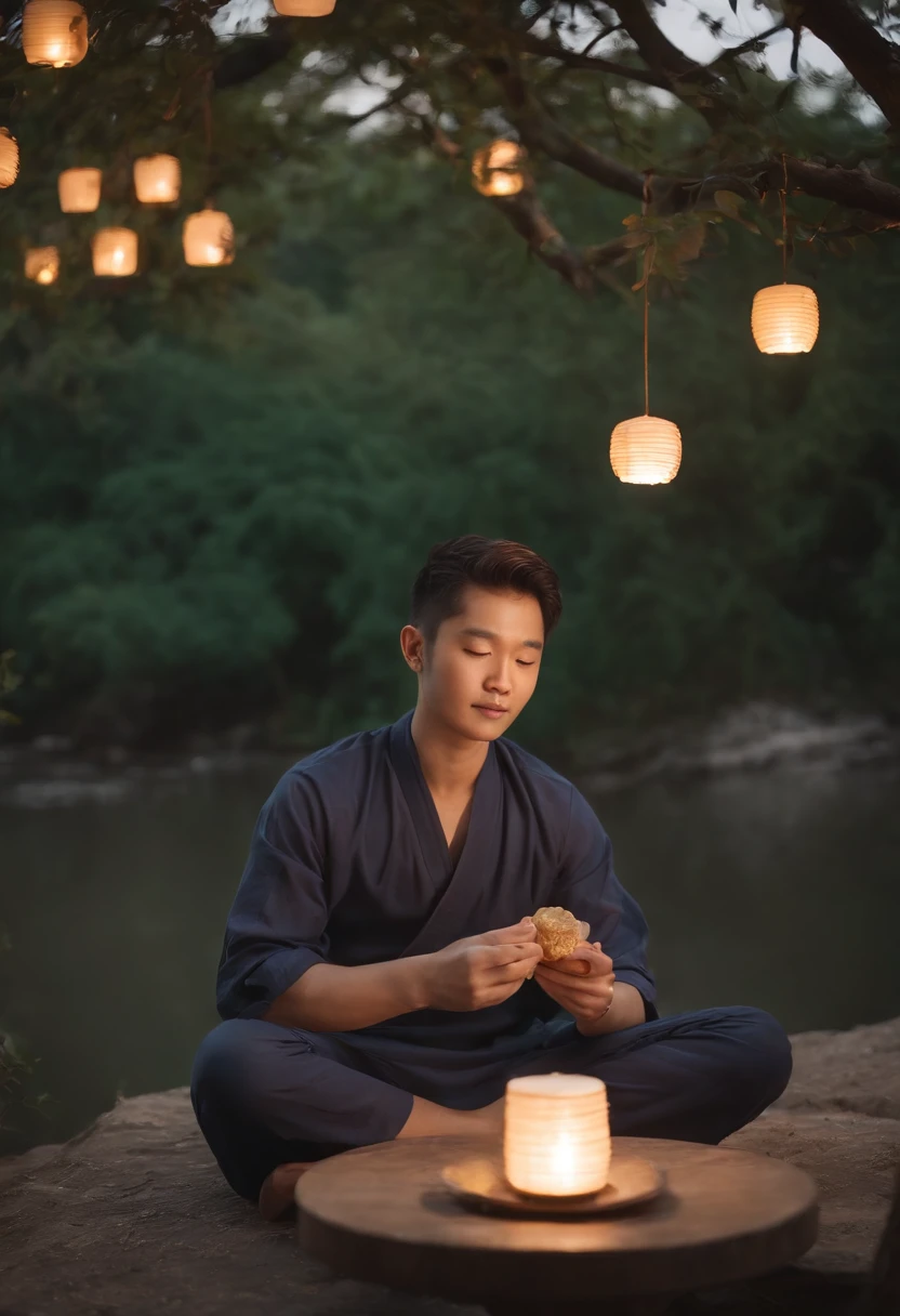 A young man working away from home sits under a tree,Clear facial features,Mooncakes in your hands,Watching the moon misses family,(Delicious mooncakes),Bright full moon,River of longing,Mooncake close-up,best qualtiy,3D modeling rendering,C4D style,wide wide shot,8K,