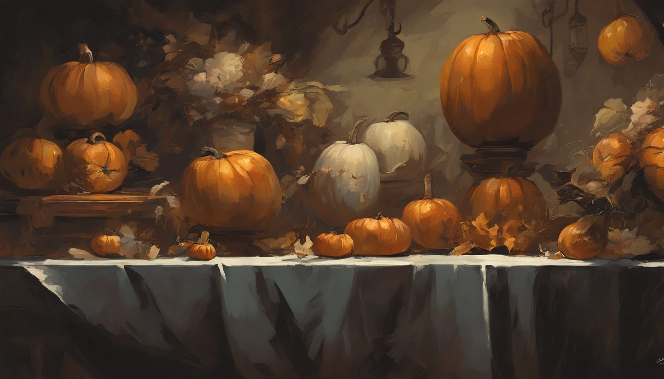 Oil painting, schwere Pinselstreiche, Farbe tropft, A scene made of evil haloween pumpkins, Sitting in a vintage kitchen, Barock, Dramatische Kontraste zwischen Hell und Dunkel, emotional intensity, Tenebrismus, Weiche Kanten, oil on canvas, Romantik, Barock, Realismus, Chiaroscuro, Dutch Golden Age, Teig, von Rembrandt van Rijn, von Rembrandt, reich, Tiefe Farben, Ebenenbild, das durch Zellen schattiert ist, Goldener Schnitt, awards winning, Professionell, Highly detailed, kompliziert, Volumetrische Beleuchtung, splendid, Meisterwerk, Scharfer Fokus, Depth of field, Perfekte Komposition, Laureate, ArtStation, Acrylmalerei, Pixiv Fanbox Trends, Spachtel- und Pinselstreiche, 16K high resolution, UHD