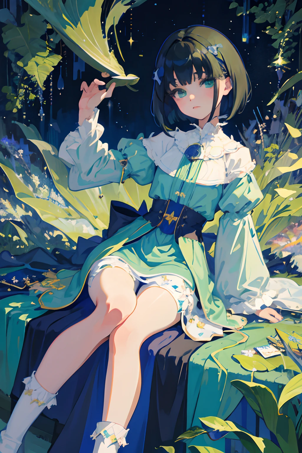 Knees,hand between legs,child,(masterpiece,Highest Quality),shortsleeves,Long blue-green skirt,high socks,Sleepy face,A dark-haired,Medium bob,utility knife,Small scissors,Pasture,Aurora,starrysky,dark clouds, Night, (Impressionism:1.4), , Alphonse Mucha,tarot