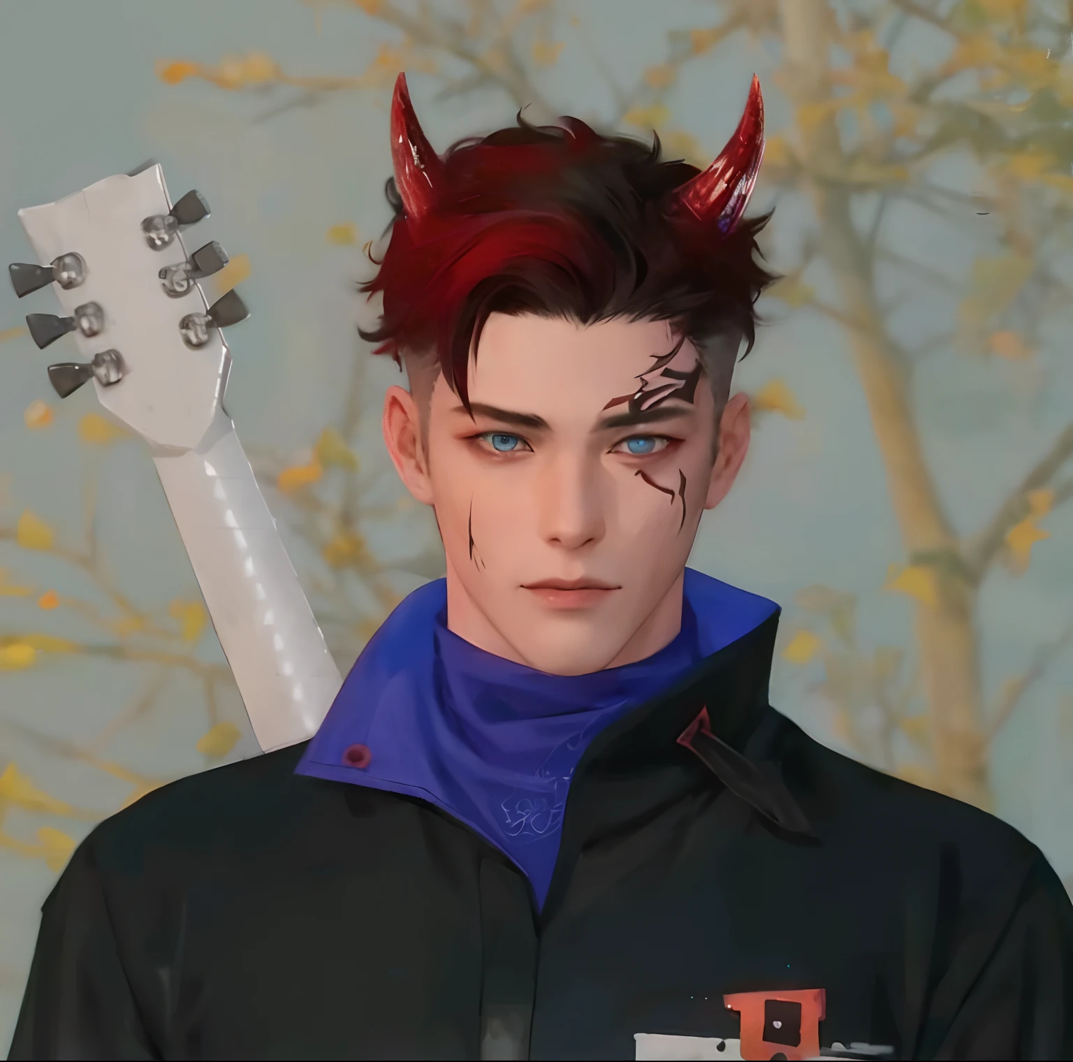 (( super realistic )),
black tattoo on the face on the left, arafed male with a guitar and horns on his head, handsome guy in demon slayer art, fit male demon with white horns, handsome japanese demon boy, human male demon, evil devious male, inspired by Jean Malouel, with horns, demon boy, demon male, character close up, realistic lance, game character,