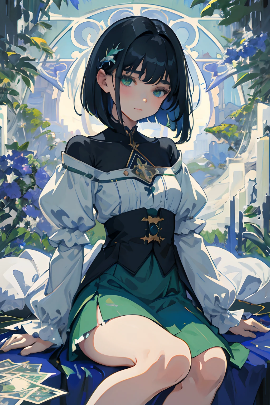 child，（​masterpiece，Highest Quality），shortsleeves，Long blue-green skirt，thigh-high socks，Sleepy face，A dark-haired，Medium bob，Aurora，starrysky，dark clouds, Night, (Impressionism:1.4), , Alphonse Mucha，tarot