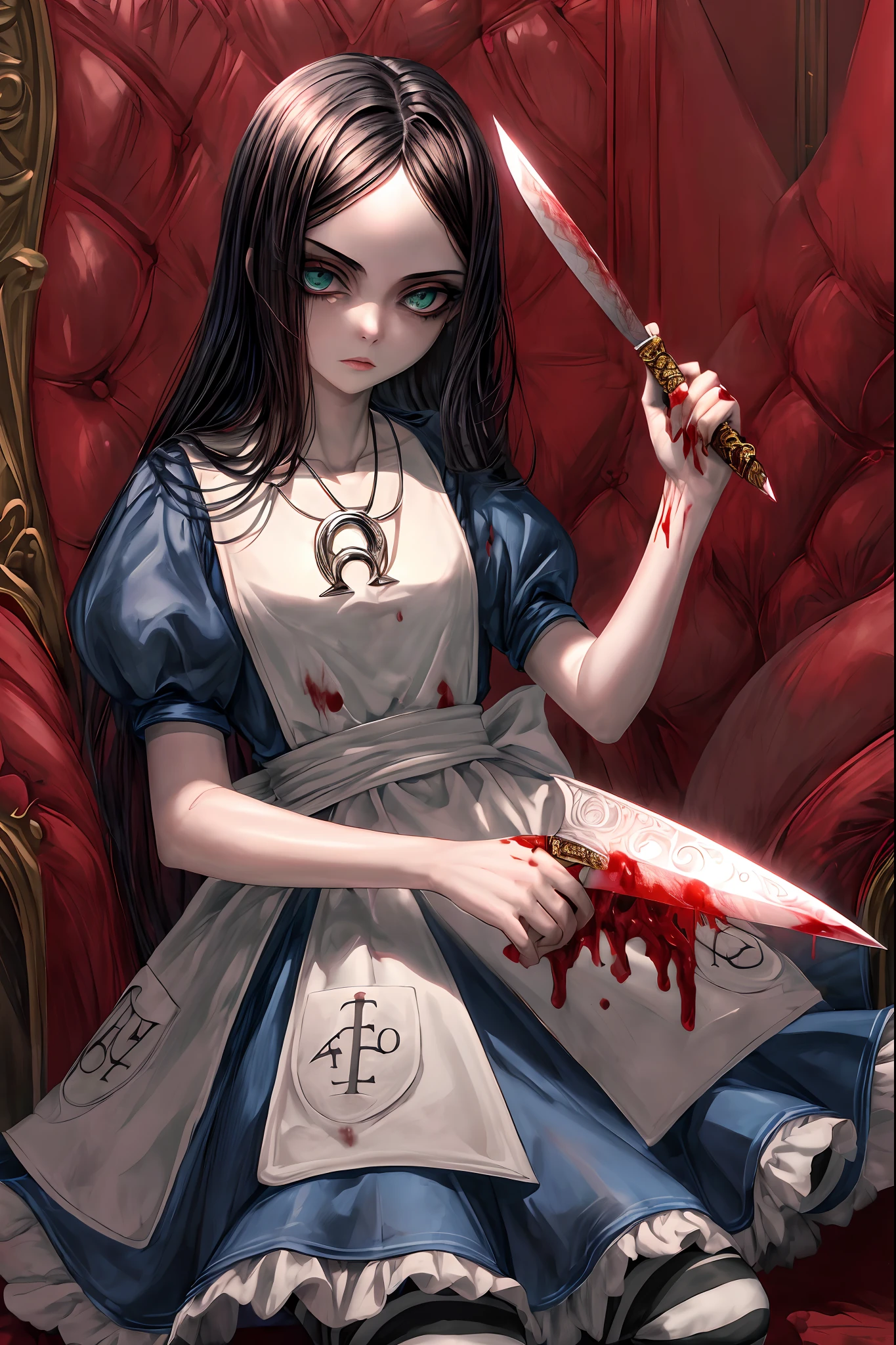 (master part, qualidade superior, best quality, Arte Oficial, Beautiful and Aesthetic:1.2), Gloomy Illumination, (1girl), extremamente detalhado,darkeness, obscuro, mais alto detalhado, McGeealice, Alice Liddell expressionless, Olhando para o Viewer, vestir, avental ensanguentado, suja de sangue,striped pantyhose, jewelries, colar, ( with a knife in his hand with blood)