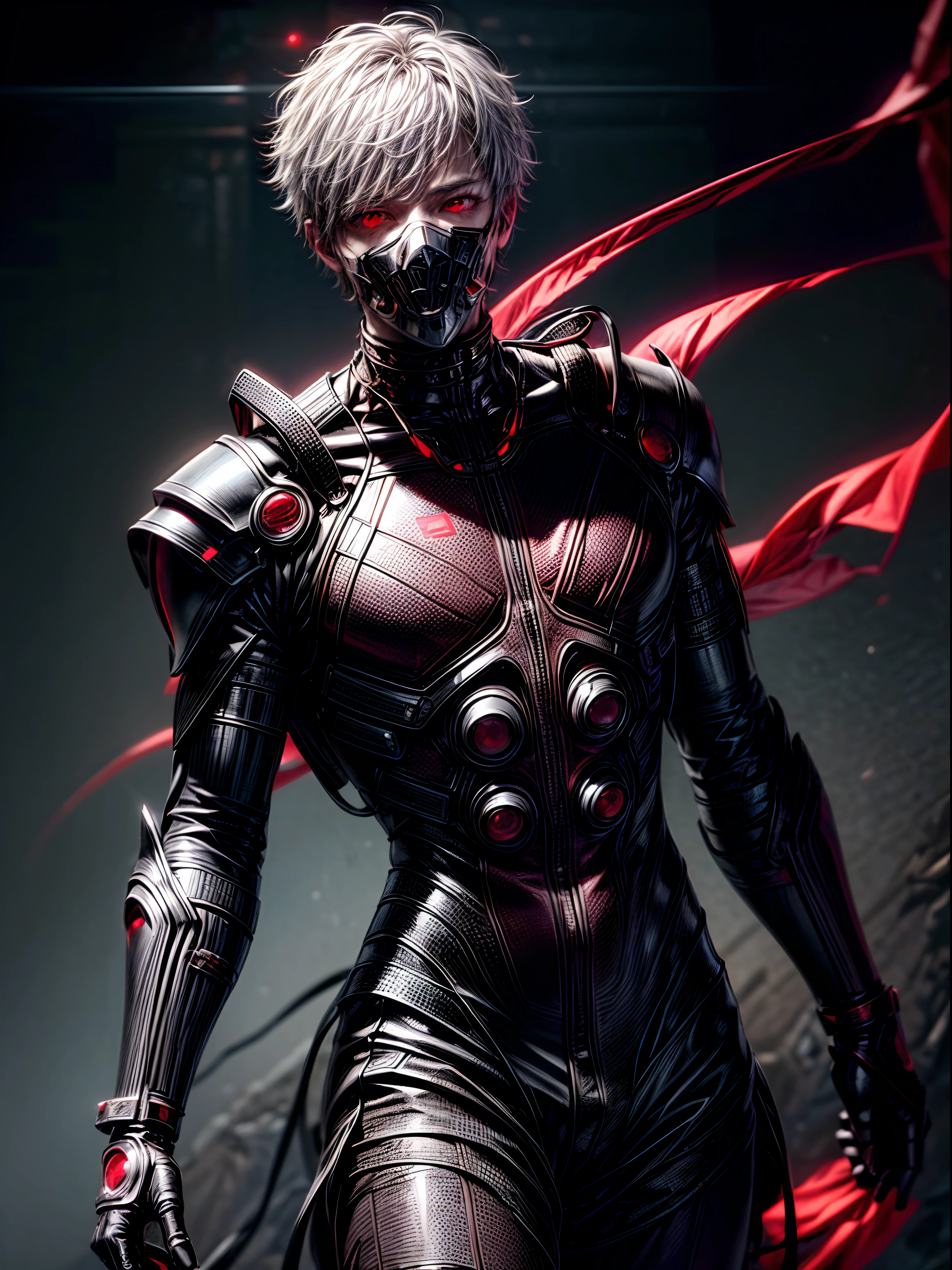 1boy, high resolution, ultra detailed, best quality, amazing, top quality, extremely detailed CG unity, detailed glowing red eyes, depth of field, red clothes, half cyborg body, cinematic lighting, , cyberpunk, dark boy, white hair, red eyes, cyborg mask, killer machine, foggy atsmophere,