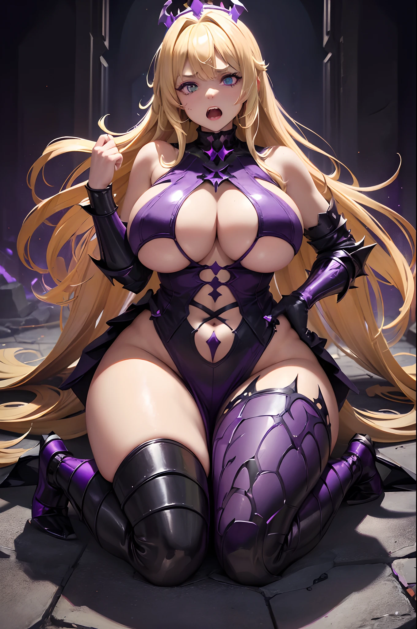 (Full body image:1.3), defeated holy paladin kneeling in a blasted evil hellscape struggling against a dark corruption, (wearing shattered holy armor:1.2), (holy crown), (fine blonde hair), (screaming horrified expression:1.3), (looking down at her own boobs), holding her own boobs, (oversized gigantic boobs), (black and purple spreading on her body:1.3), (one eye is evil and purple the other is normal and green:1.2), one hand has long purple fingernails.