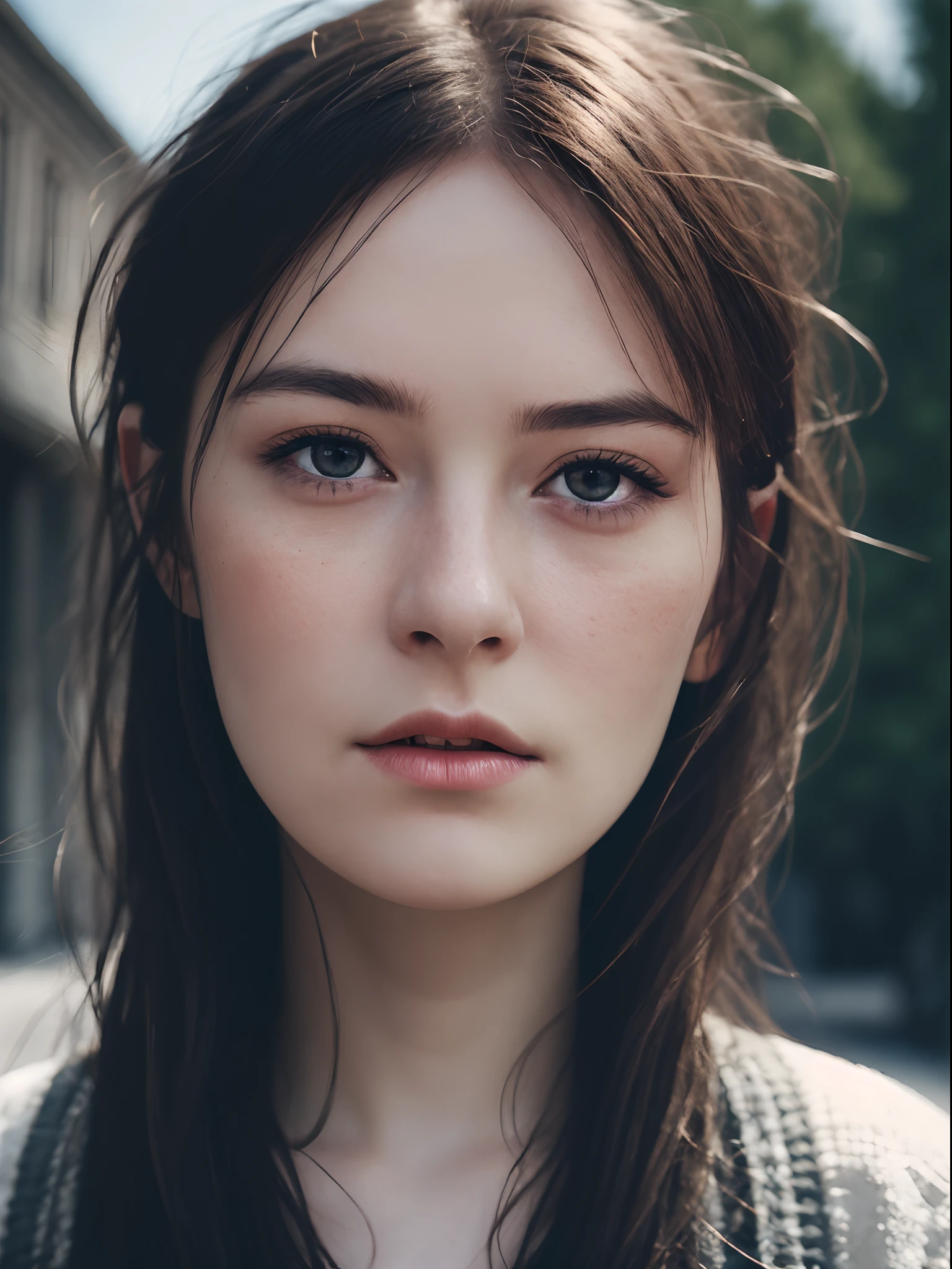 Photograph of a beautiful girl, dans la ville, porter un haut noir, jouissant, fille, 夏天, Fille chaude, (((very heavy bust))), cheveux bruns, long_cheveux, Look into the camera, symmetrical face, photoreallistic, photographie, Spectacular lighting,, magnifique, clivage, occidental, (Masterpice), Best quality, High resolution, Extremely detailed, peau avec pores, blurred background, profondeur de champ, lighting cinematic