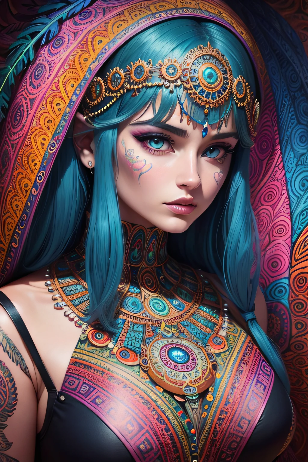lot of detailed women psychedelic mandala with eyes and feathers in comics art style, magnificent vibrant colors and very structured details