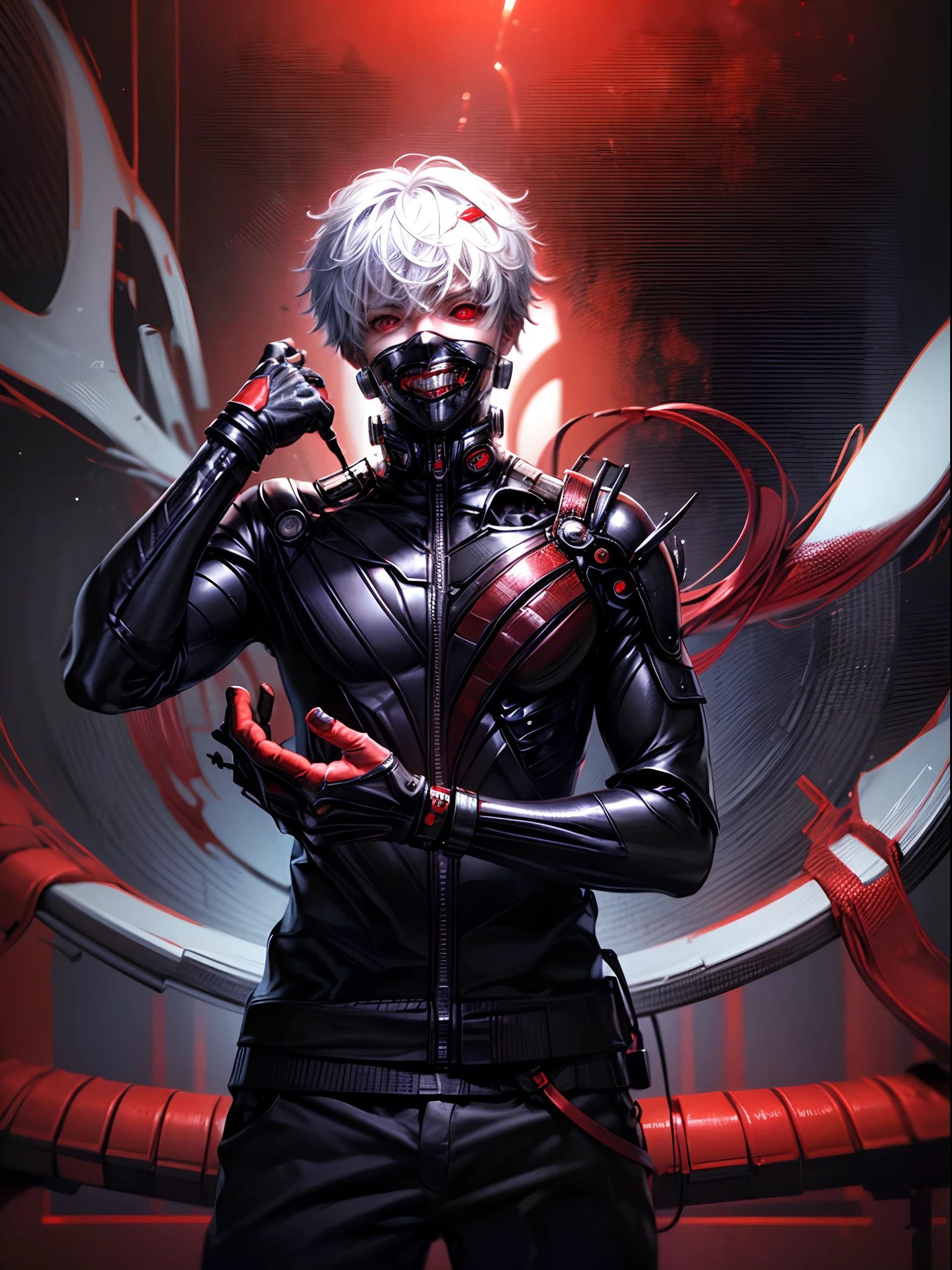 1boy, high resolution, ultra detailed, best quality, amazing, top quality, extremely detailed CG unity, detailed glowing red eyes, depth of field, red clothes, half cyborg body, cinematic lighting, , cyberpunk, dark boy, white hair, red eyes, cyborg mask, killer machine, foggy atsmophere,
