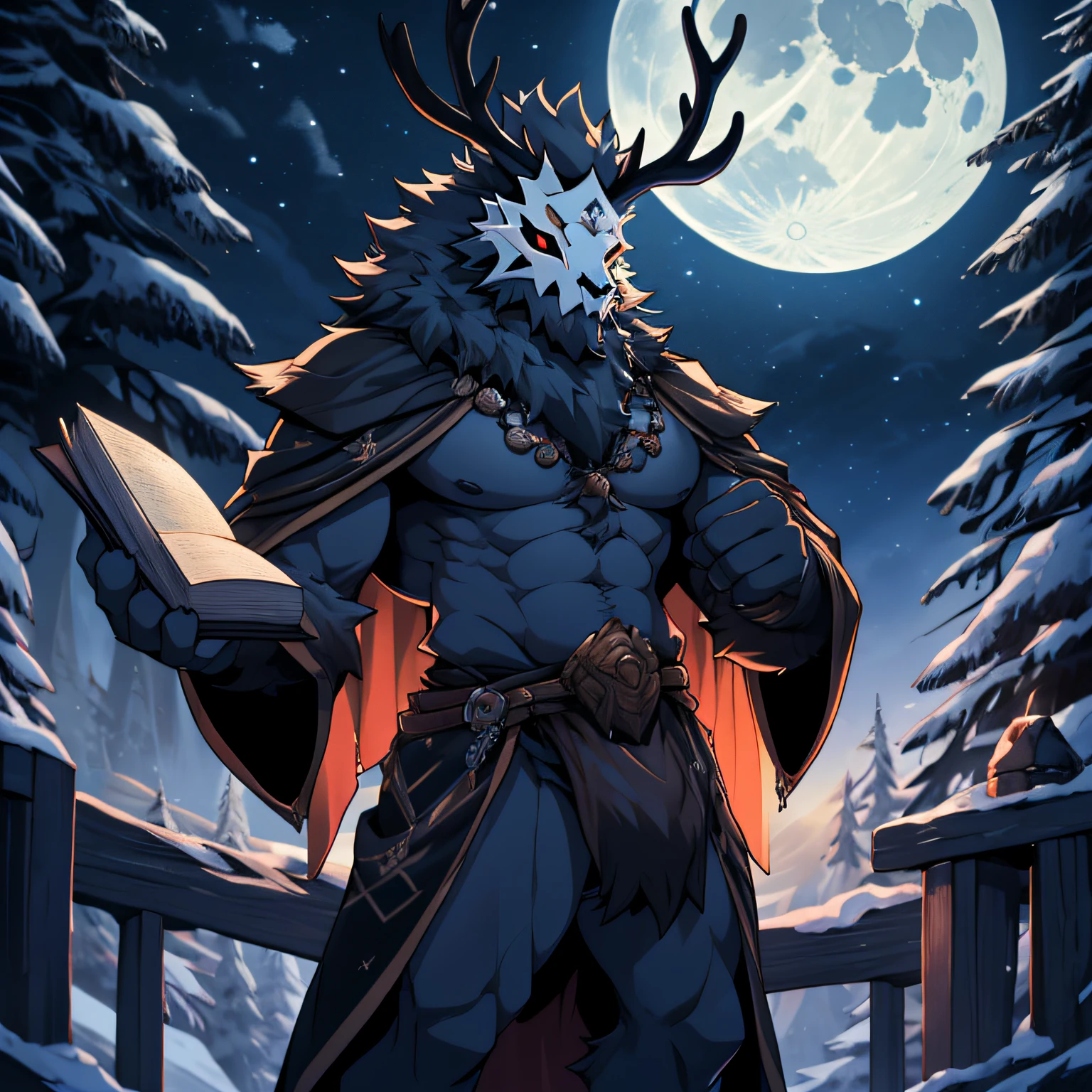 (best quality,8k,highres,masterpiece:1.2), tall and lanky waldschratt leshen leshy standing in a moonlit cabin at night, looking over an ancient tome. Monster, leshy, leshen, furry, bone mask, antlers, big balls, flaccid, glowing eyes