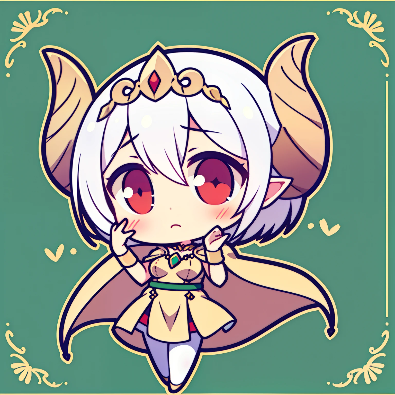1girl,solo,20s,hand on face,sad,light golden short dress,golden tiara,long cape,white hair,short hair,red eyes,elves ears,horns,white pantyhose,,chibi,full body,green background,slim body