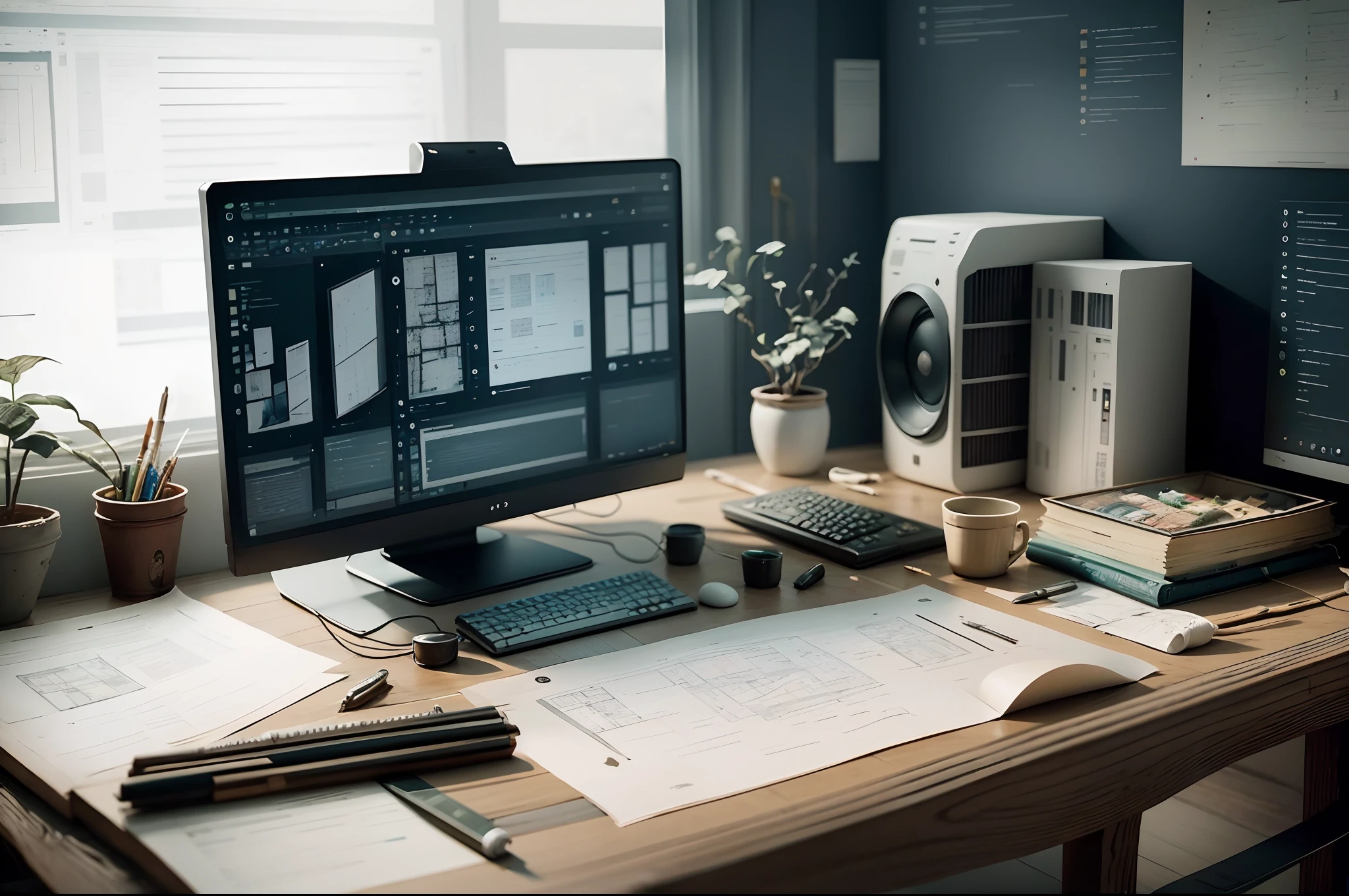 Close-up shot of the environment of the room where the computer is on and architectural software is being used, around the table full of architectural supplies, room with a dark theme, b, realistic --auto --s2