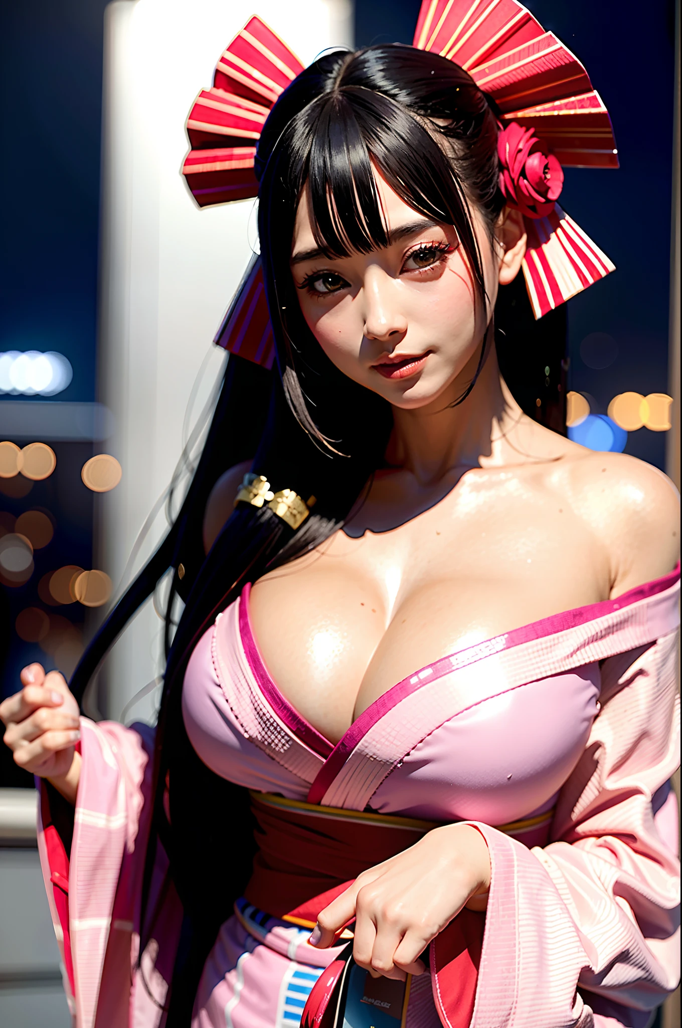 ((gorgeous pink kimono)),((royal textured kimono)), (((smile:1.0, laugh:1.0))),
1woman, milf solo, makeup, highres, large breasts:1.4 , cleavage, looking at viewer, smile, bangs, bare shoulders, black hair,collarbone, crossed bangs, hair between eyes, hair ornament, hair ribbon, huge breasts, japanese clothes, large breasts, long hair,mask, mask on head, off shoulder, parted lips, red eyes, red kimono, red ribbon, ribbon, striped ribbon,twintails, very long hair, wide sleeves,(shiny skin), sash,
night, detailed background, Cyberpunk world, Modern metropolis, neon,sfw:1.8,
