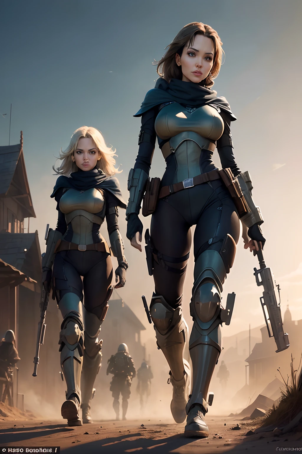 ((Angelina Jolie and Halle Berry holding a riffle)), cybernetic uniform, detailed eyes,with equipment,( equipment: can grant a skilled user tremendous mobility, it is a demanding art that requires strength, and skill, both of which must be honed through constant practice. Some tools involved in the apparatus include: Hand grips and Piston-shot), ( backgroud: medival town, 5+soldiers with equipment ), by Hayao Miyazaki or Chesley Bonestell,