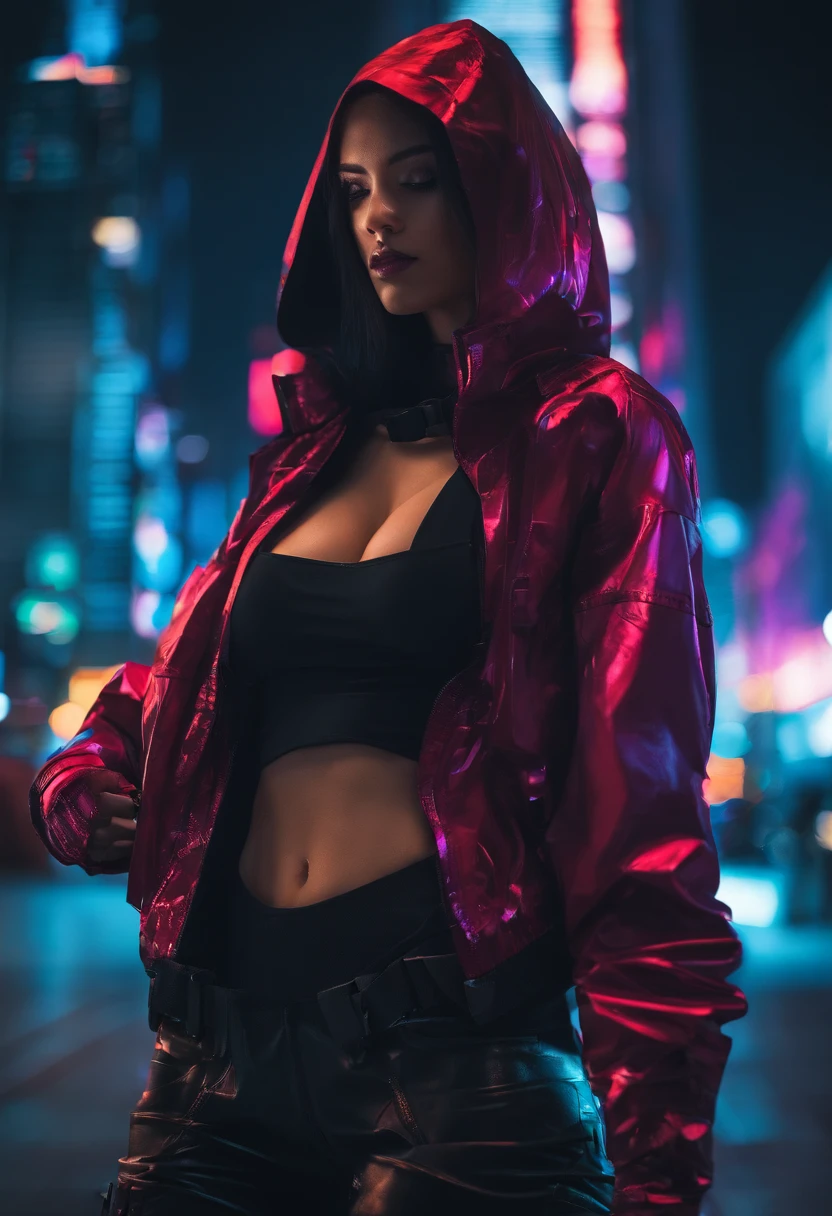 arafed woman in a black hooded jacket and hoodie with a knife, photograph of a techwear woman, cyberpunk nun warrior, all black cyberpunk clothes, beautiful female assassin, cyberpunk anime girl in hoodie, goth ninja, female assassin, cyberpunk assassin, wearing sci - fi cloak with hood, wearing cyberpunk streetwear, beautiful cyberpunk woman model, seductive cyberpunk dark fantasy, cyberpunk fashion clothing