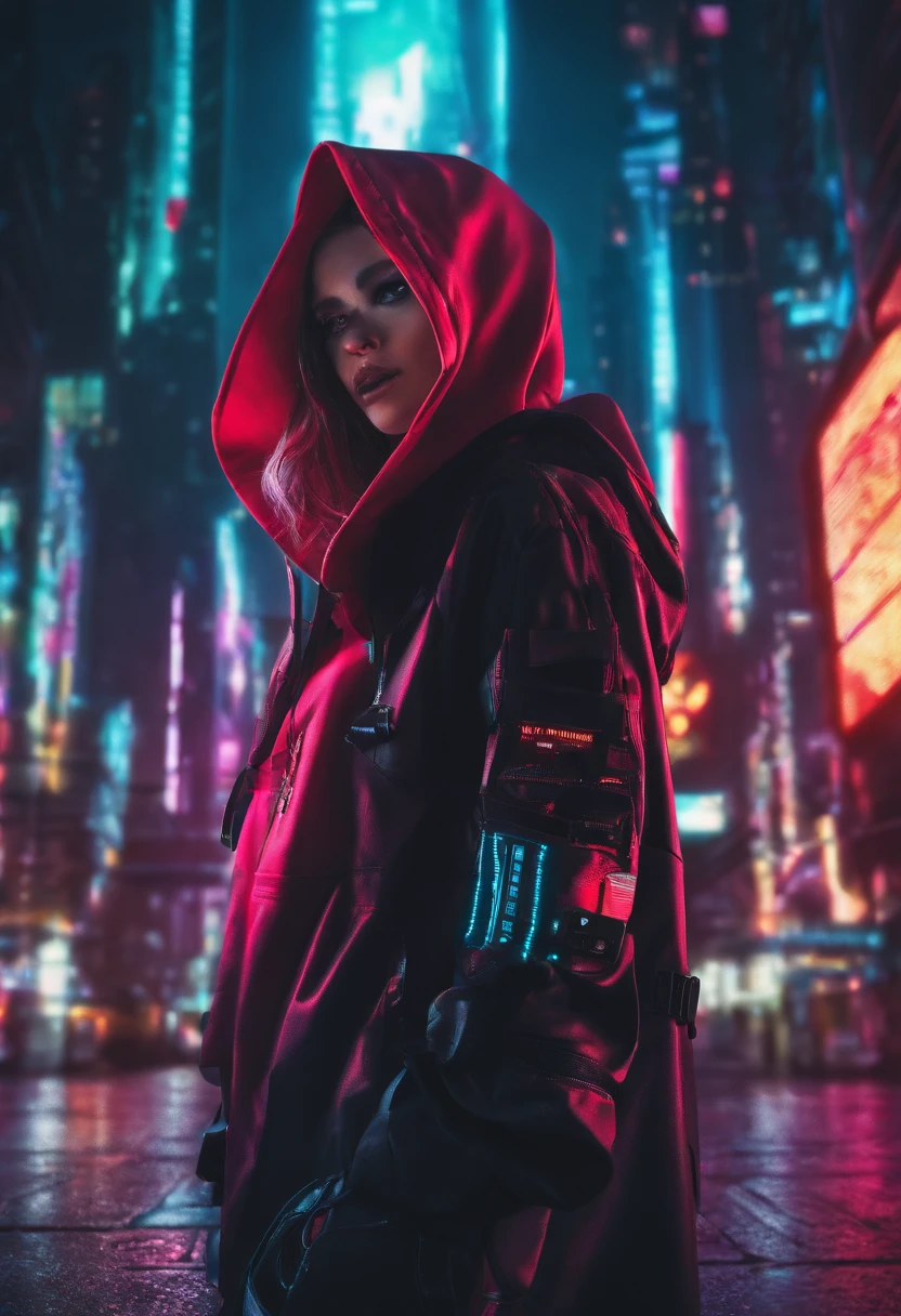 arafed woman in a black hooded jacket and hoodie with a knife, photograph of a techwear woman, cyberpunk nun warrior, all black cyberpunk clothes, beautiful female assassin, cyberpunk anime girl in hoodie, goth ninja, female assassin, cyberpunk assassin, wearing sci - fi cloak with hood, wearing cyberpunk streetwear, beautiful cyberpunk woman model, seductive cyberpunk dark fantasy, cyberpunk fashion clothing