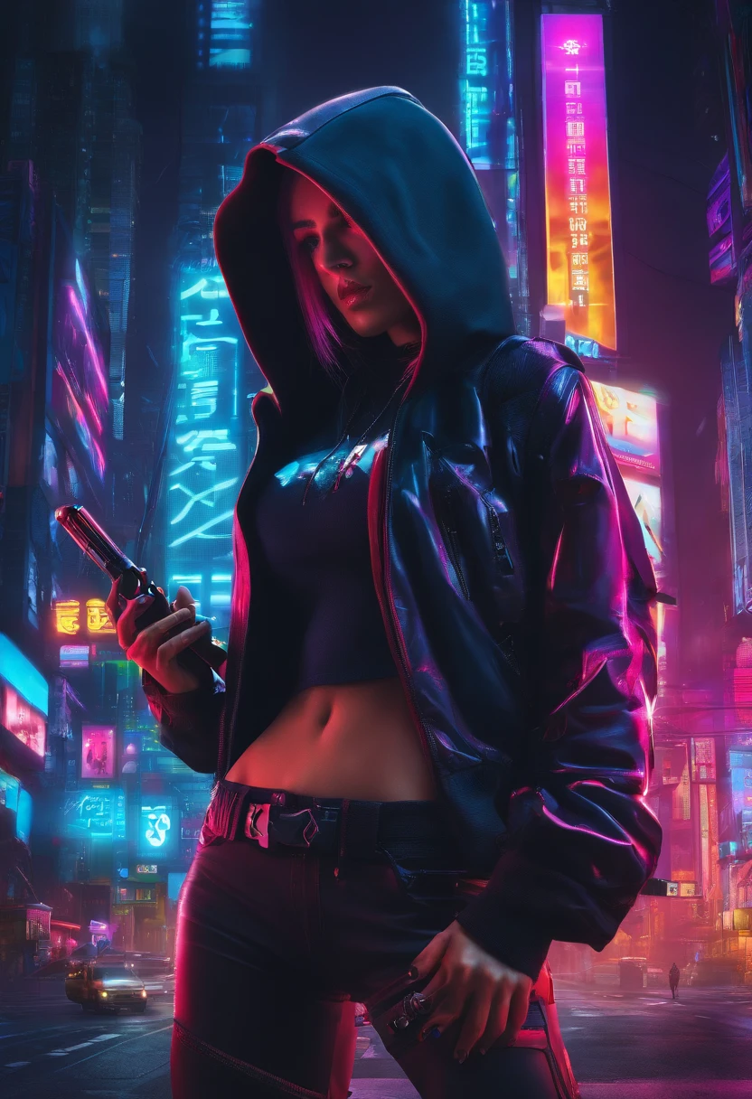 a high quality digital illustration of "White Reaper, HarlequinPunk, Jaehra, panjang penuh" in a cyberpunk style, futuristic, vibrant colors, detailed character design, dynamic poses, neon lights, urban setting, stylized artwork, 4k resolution