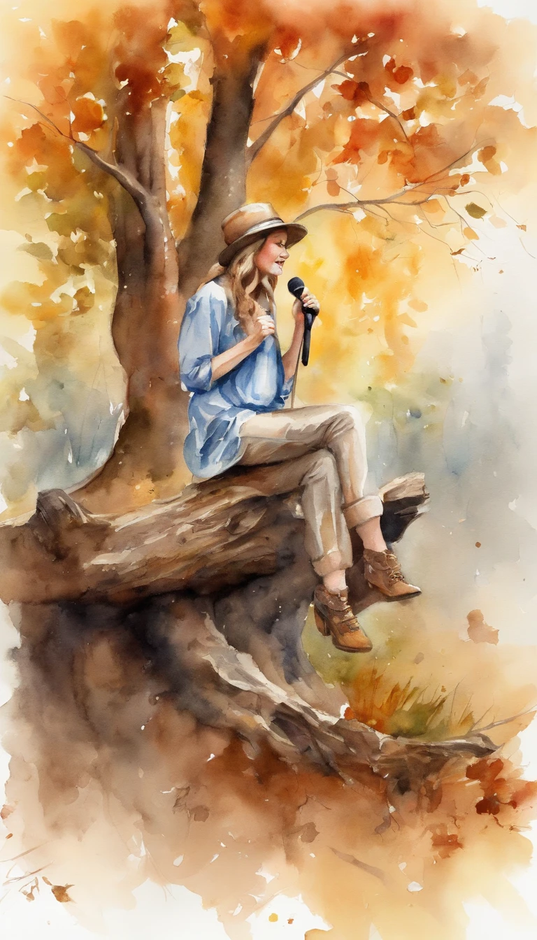 Girl sitting on tree trunk with microphone singing,autumnal,falling leaf,Cinematic light and shadow,k hd