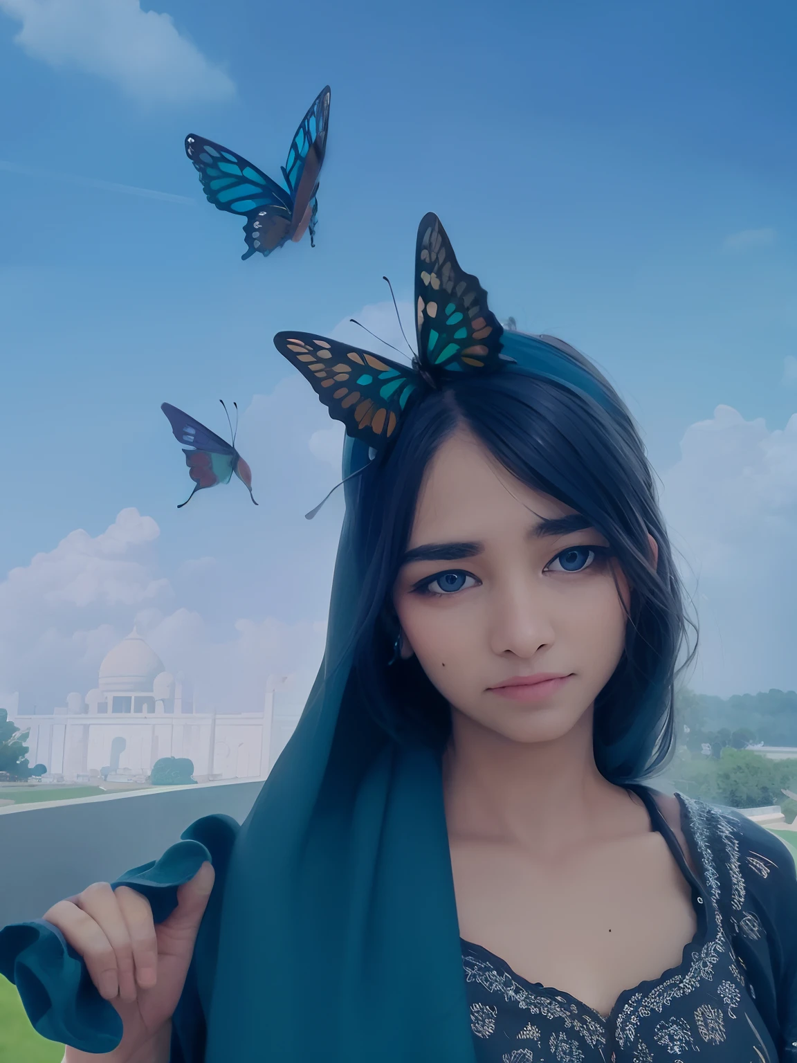 Background remove, realistic face, dark mood, colorful butterfly, besides in Taj mahal, blue sky, so many bird in sky, their are 2nd world war