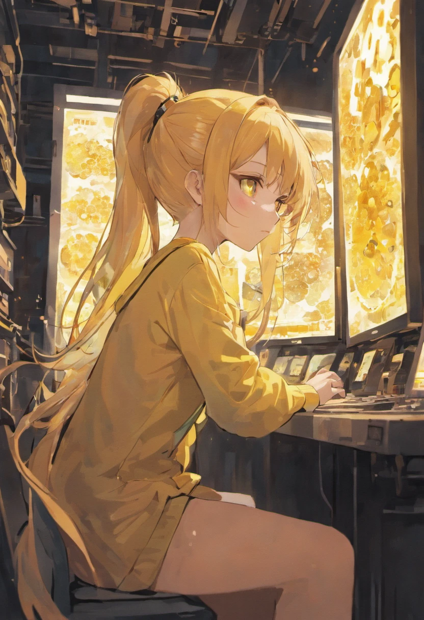 In a cybernetic atmosphere, Lonely 19-year-old woman with honey-colored hair in a ponytail、Sitting in a room full of numerous displays. She is obsessed with her computer, Her yellow eyes stared at the screen. Her attire is、consists of a camisole combined with black spandex, Seamlessly fit into the world of technology around her.