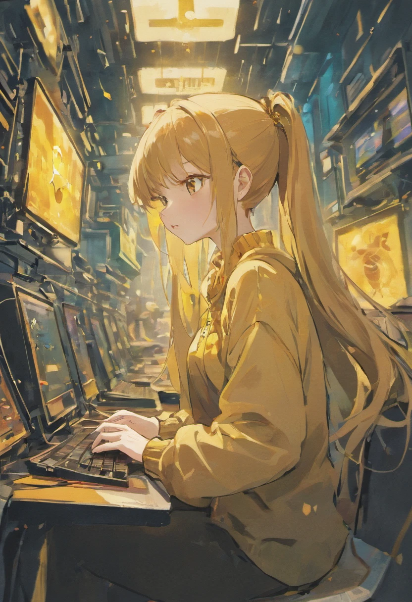 In a cybernetic atmosphere, Lonely 19-year-old woman with honey-colored hair in a ponytail、Sitting in a room full of numerous displays. She is obsessed with her computer, Her yellow eyes stared at the screen. Her attire is、consists of a camisole combined with black spandex, Seamlessly fit into the world of technology around her.