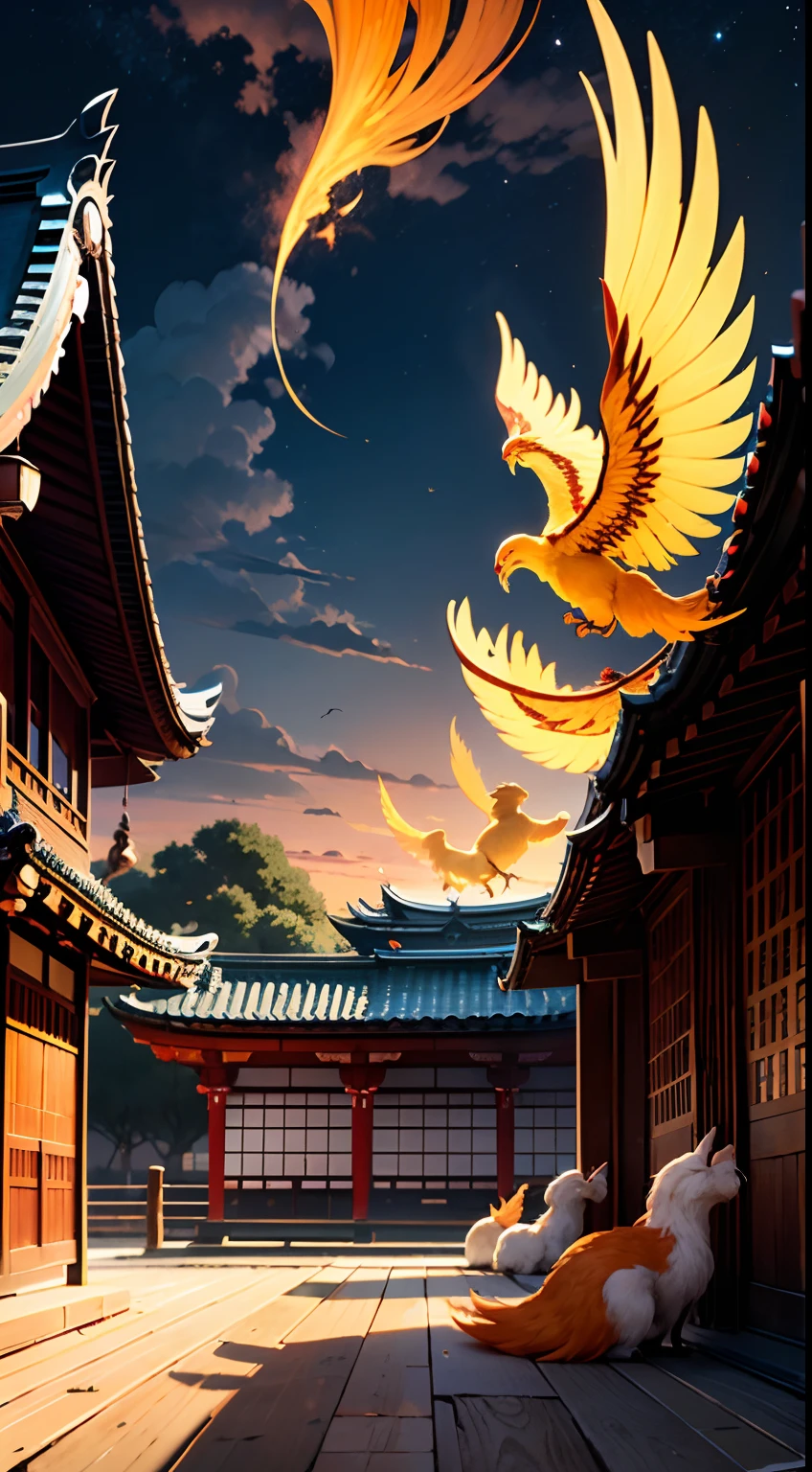7 colored phoenixes flying in the evening sky,3 tails,A nine-tailed fox is sitting on the ground,shrines