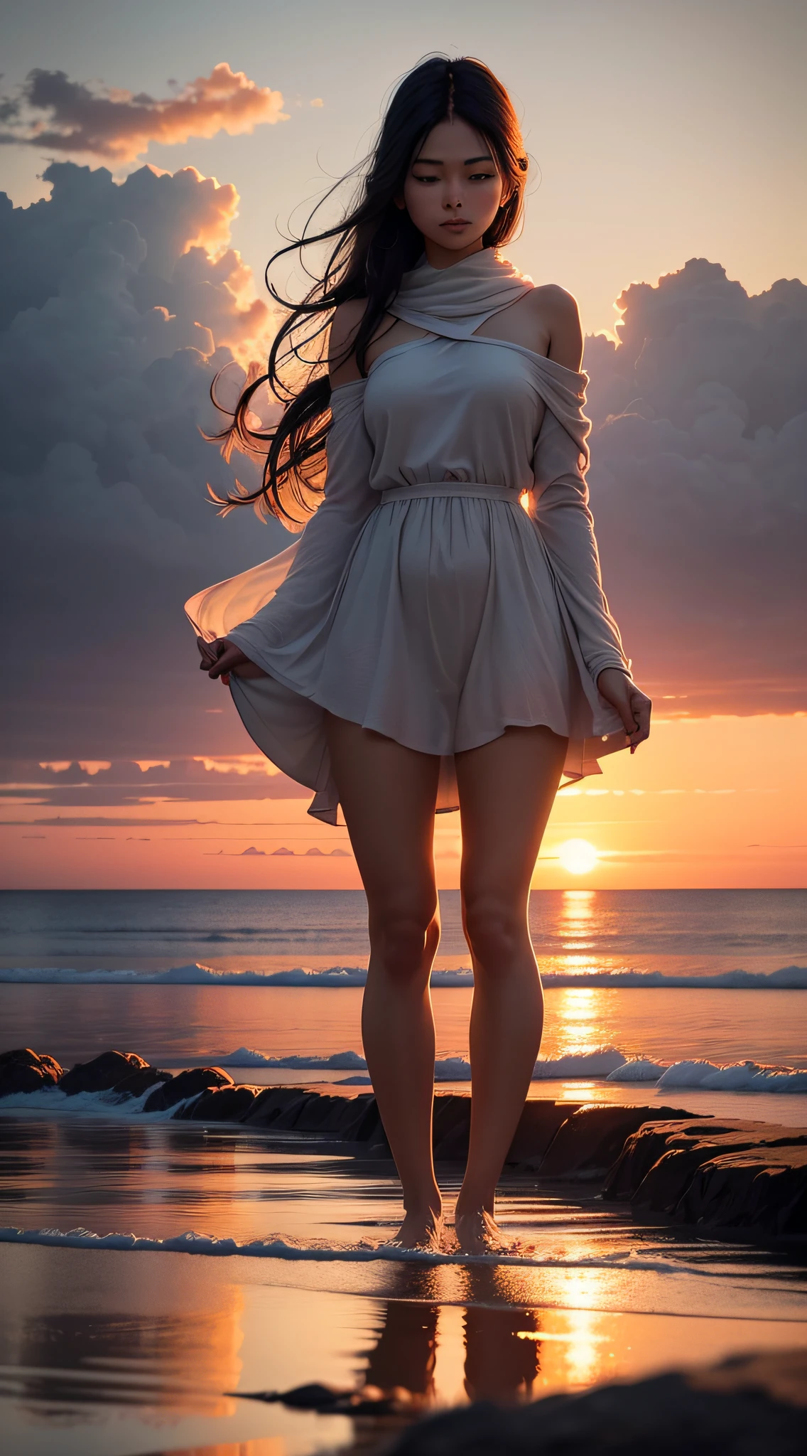 Generate a captivating image of a serene and breathtakingly beautiful sunset, characterized by its simplicity and elegance. Enhance the image's quality by enriching the warm, vivid colors of the setting sun and the gentle gradients in the sky, giving it a more vibrant and immersive feel. Add intricate details to the landscape, like wisps of clouds, the texture of the tranquil water, and the silhouettes of any elements in the foreground. Make sure the final image evokes a sense of tranquility and awe, capturing the essence of a perfect sunset moment