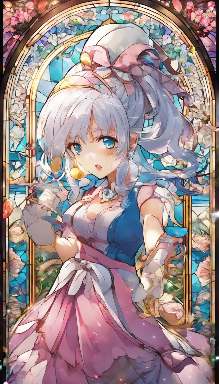 (Best quality, Ultra-detailed, photo-realistic:1.37), Silver-haired woman, Fantastic blue eyes, Happy woman beating eggs with chopsticks, Soft lighting, pink apron, illustration, bangs, Flowing hair, Gentle breeze, Shiny hair, Thick egg whites, Close-up of black stockings, mitts, chef's hat.Blonde hair, Gradient hair, Pink hair, folded ponytail, blue halo, Glowing eyes, Wide eyes, drunk, Anime style, shadowing, back lit lighting, macro photograph, Close-up, first person perspective, head out of frame, hyper HD, High details, Best quality