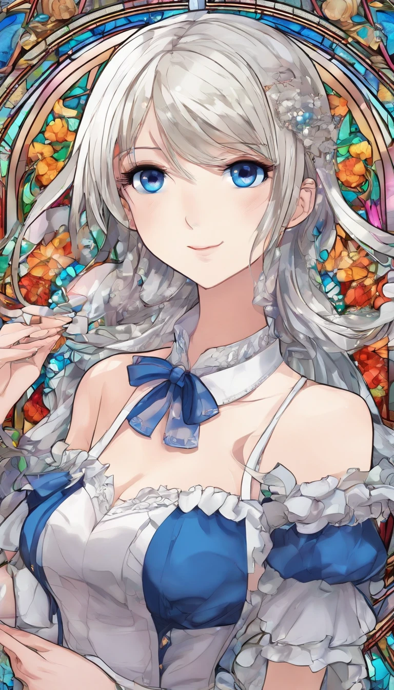 (Best quality, Ultra-detailed, photo-realistic:1.37), Silver-haired woman, Fantastic blue eyes, Happy woman beating eggs with chopsticks, Soft lighting, pink apron, illustration, bangs, Flowing hair, Gentle breeze, Shiny hair, Thick egg whites, Close-up of black stockings, mitts, chef's hat.Blonde hair, Gradient hair, Pink hair, folded ponytail, blue halo, Glowing eyes, Wide eyes, drunk, Anime style, shadowing, back lit lighting, macro photograph, Close-up, first person perspective, head out of frame, hyper HD, High details, Best quality
